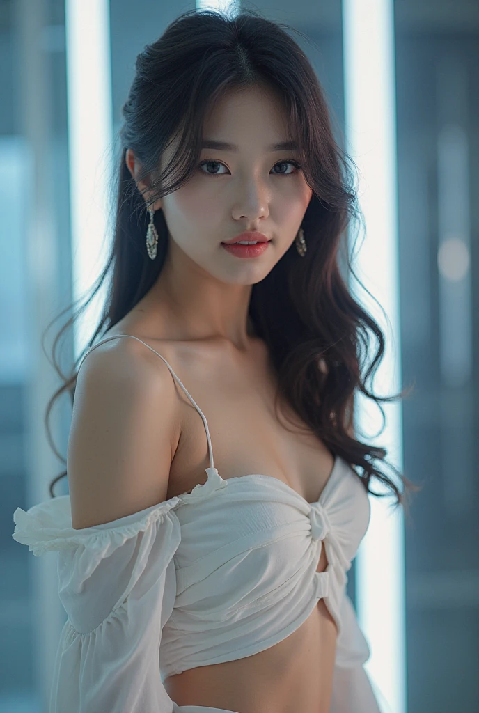 (8k, RAW Photograph, Best Quality, Masterpiece: 1.2), (Realistic, Photorealistic: 1. 37), Ultra High Resolution, One Girl, Cute, Browser Warning, Top Quality, Masterpiece, 8k, droopy eyes, big breasts, beautiful breasts, plain background, breasts pulled together, model shoot, sexy pose, white lace bra Detailed face, Detailed lips, Narrow eyes, Double eyelids, Exquisite detail and subtle glow, Shooting her in a pose that reflects gentleness and confidence, Cinematic lighting for visual effect. Utilize cinematic lighting to enhance visual effects. Incorporate modern 2D design in the background to create a beautiful, balanced composition. Enhance scenes with elements such as depth of field, bloom effects, and sparkle to add a dreamy texture to the overall image. Pay attention to detail.