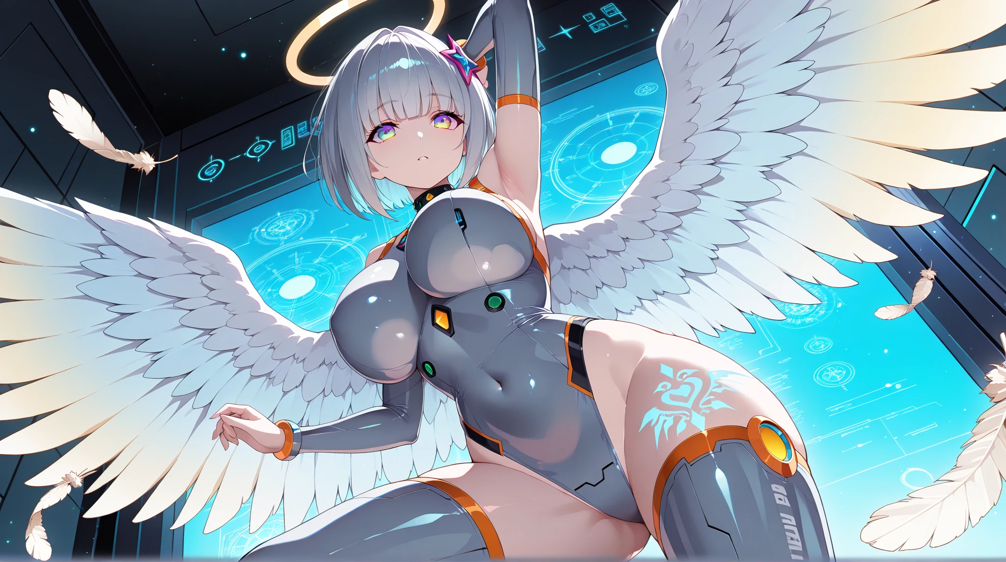 a robotic angel (Based on a lovely woman, sheer white airy gown, obvious mechanical sections and joints, neon high lights and indicator lights, angel wings with rainbow colored feathers) is posing on a futuristic stage, the phone number to order her is printed along the bottom f the screen (show her from head to toe, show her entire body, show all of her)