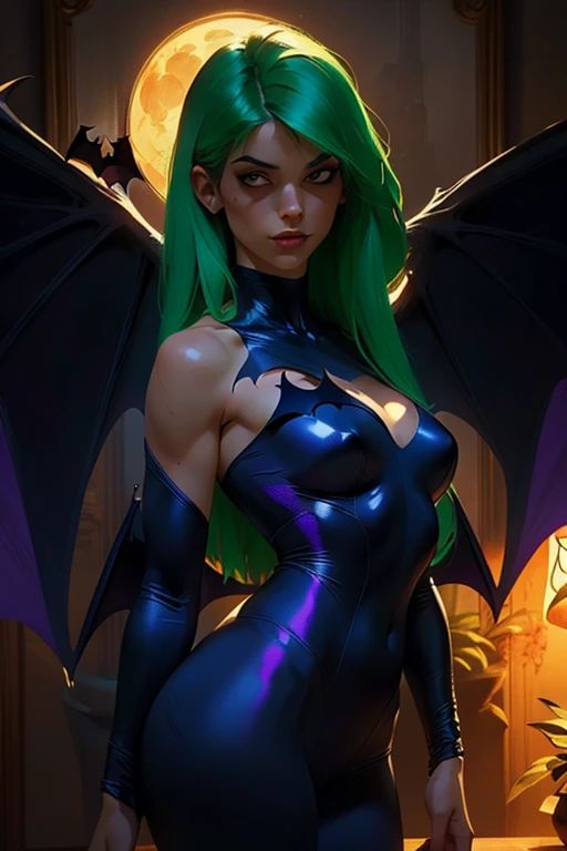Realistic oil paint portrait of Morrigan Aensland, moonlight, hot Body, ((Dynamic pose)) , soft smile, long green hair black costume , (((Bat wings))) , Hot body, athletic, (purple legs) , detailed skin Textures, intricate, detailed face, hyperrealistic, realistic light and shadows , ((cinematic lighting)) . (((Poetic lighting background))) .