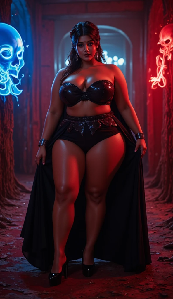 A big gorgeous lady in beautiful long fairy frock smiling face tall thick body long black hair,full crystal magic heels (inside the big tree dark scenary) fireflies in the dark scenary