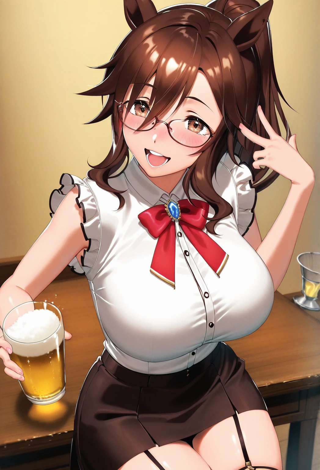 Highest quality,masterpiece, high resolution, nsfw, 1 girl, reverse bunny, huge breasts,pink nipple, belly button, shaved pussy,indoor, cafe, blush, standing, looking at viewer, horse ears, horse tail, Copano Rickey