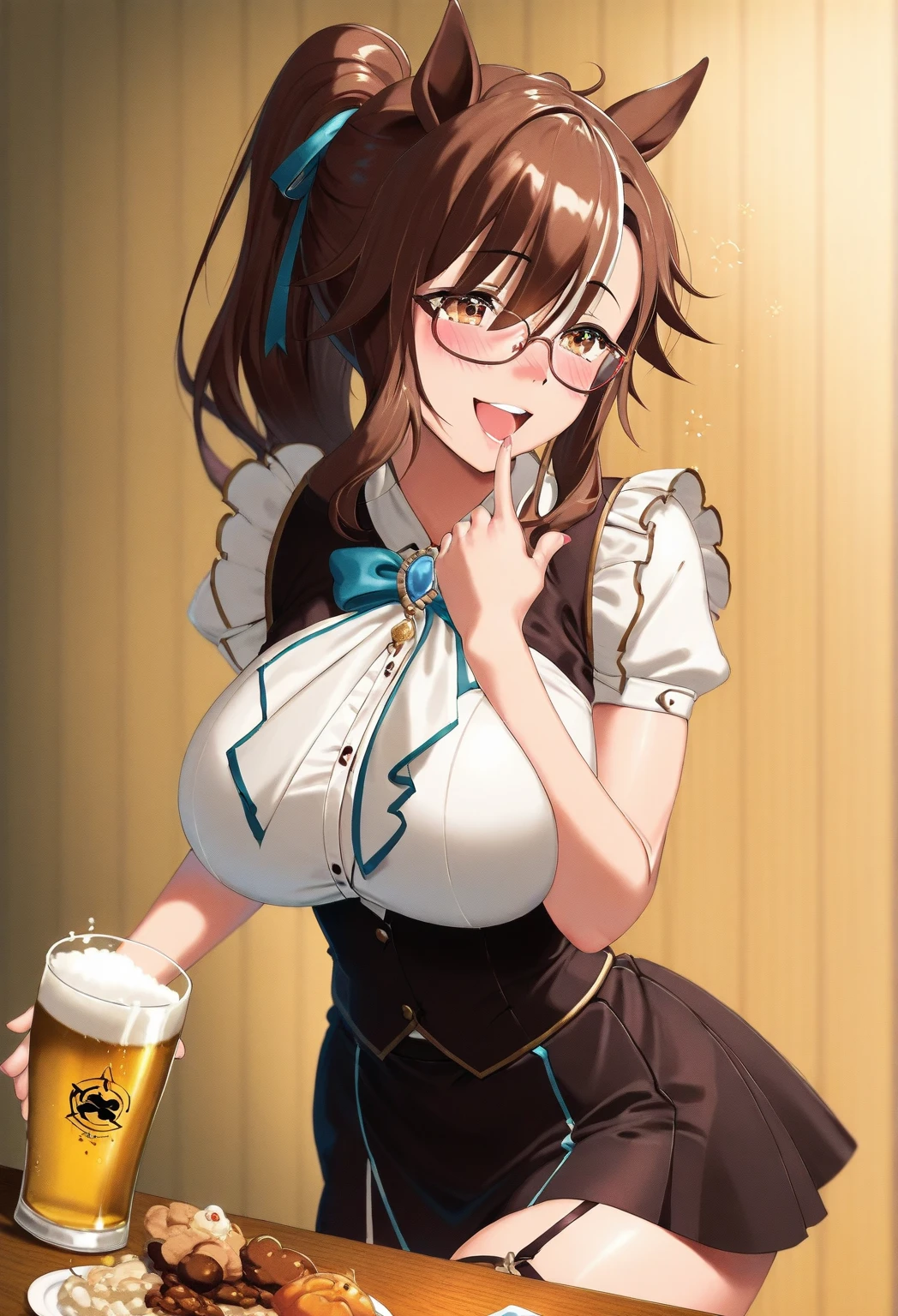 (masterpiece), (highest quality), (figure), (Very detailed), (High resolution), (8k), Perfect Anatomy, One Girl, Very large breasts, Big Breasts, ponytail, Long Hair, (brown hair), very cute girl, small, young, delicate, Attention to girls, she, smile, blush, Best moment, Junior and senior high school students, Eye color is brown, Bright Eyes, Vivid eyes, cute, Thighs, Thick legs, Waistline, Being spoiled, Innocent, i love you, Love Viewer, Beautiful Skin, Beautiful body, cute face, delicate arms, Innocent, Boyfriend's gaze, Vivid eyes, Neat, blush, Sensual, whole body, Seductive, Detailed skin texture, Intricate details, Very detailedな顔, Beautiful Eyes, Big Eyes, heart, The body is wet with water, Inviting, Showing off, Desire to monopolize, Quote, Emphasize the chest, Gorgeous, casino, Bunny girl, (Fake rabbit ears head dress), Love juice, Black tights, Beautifully shaped breasts, nipple,