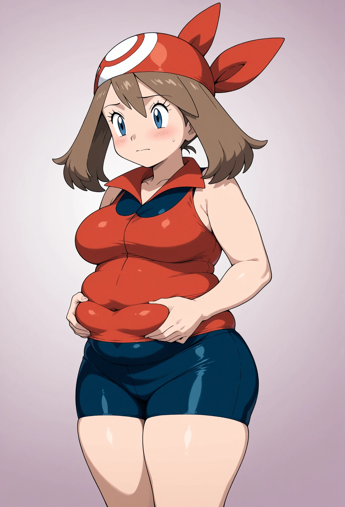 masterpiece, best quality, highres, outdoors, 1girl, solo, may (pokemon), bandana, red shirt, bare shoulders, pregnant, embarazada, vientre de embarazo, barriga de embarazada. Bikini, microbikini, micro bikini, bikini rojo, embarazada, barriga de embarazada