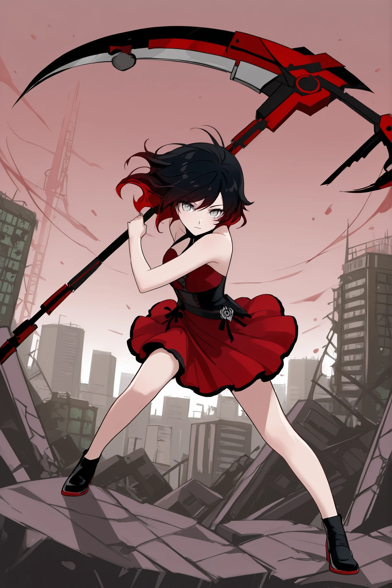 RWBY, Anime style RubyR0se, 1girl, black hair, red hair, two tone hair, silver eyes, red sleeveless dress, bare shoulders, black shoes, black ribbon, holding scythe, dynamic pose, City ruins in the Background