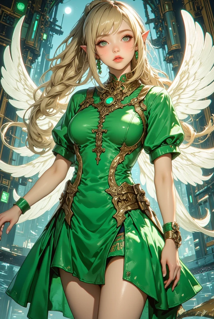 (((masterpiece))), (((best quality))), ((ultra-detailed)), (illustration), ((an extremely delicate and beautiful)), ((super detail)), ((high resolution)), (((20 years old))), metallic cloth, (maid), (android), ((mechanical wings)), delicate metal decorations, gleaming skin, shiny body, two legs, breast focus, (((tall))), slender legs, ((big round eyes)), cute eyes, drooping eyes, ((adult)), two hands, five fingers, no extra hands, elegant smile, braid, medium length hair, ((metallic green)), (see-through), (dark blonde), (ultra-huge breasts), (((safe for watch))), (shining brightly), outdoor, mini skirt, city, daytime, ((biopunk)),