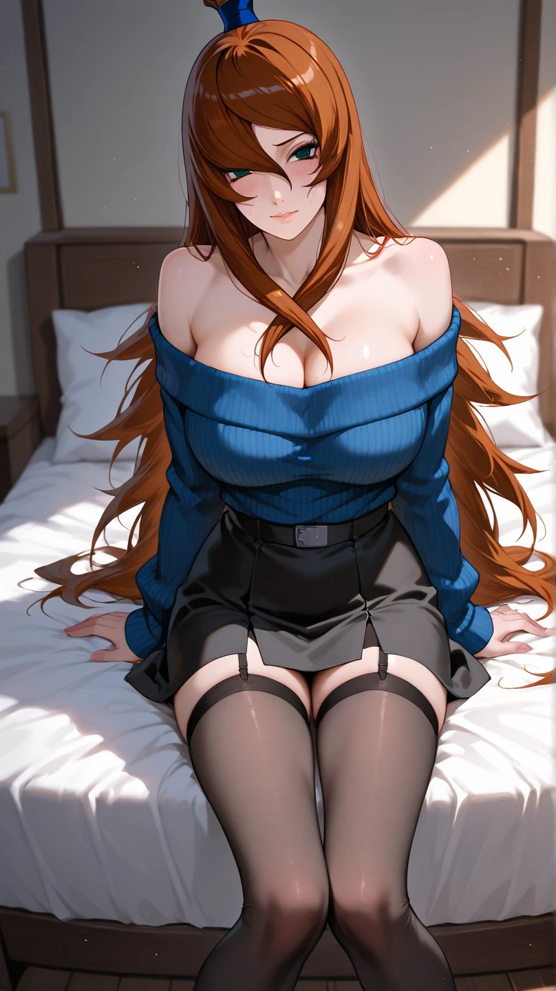 elysia, long ginger hair, beautiful face,smiling,close up upper body, ,pantyhose, school girl, moderate breast, black tights, skirt, (open mouth:0.4),illustration,detailed textures(realists),ultra-detailed,vivid colors,soft lighting, blushing, mature, no bras, full body, sexy, blushed, lying on bed, she leans in