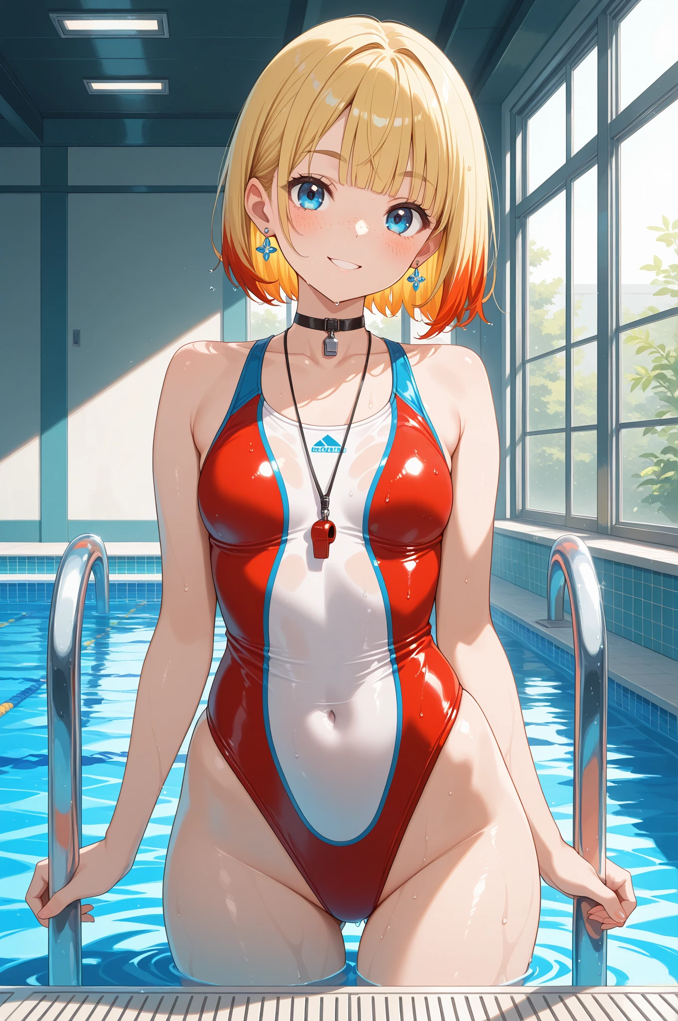 17 years old beautiful women Short blonde hair, Blue eyes, smile, sexy red latex swimsuite , no shoes, full body, stand on wet floor, red latex pantyhouse