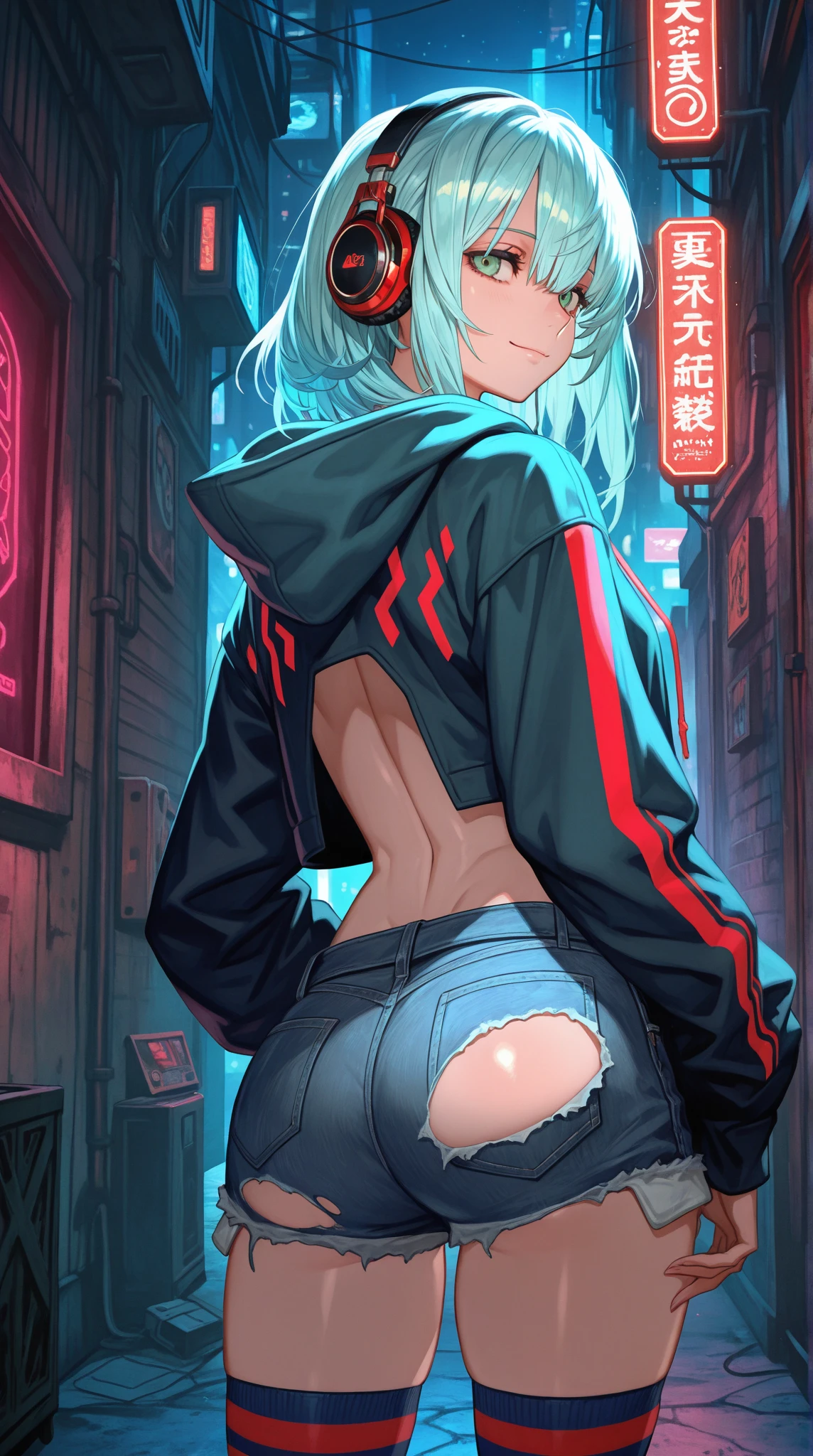 (best quality, masterpiece), 1girl, holo jacket, cyberpunk, neon, fog, (cartoon: 1.5), sexy, thong, big chest, tight, small, small, neon signs, ramen shop, fishnet very low, transparent, very long hair, from the back, ass