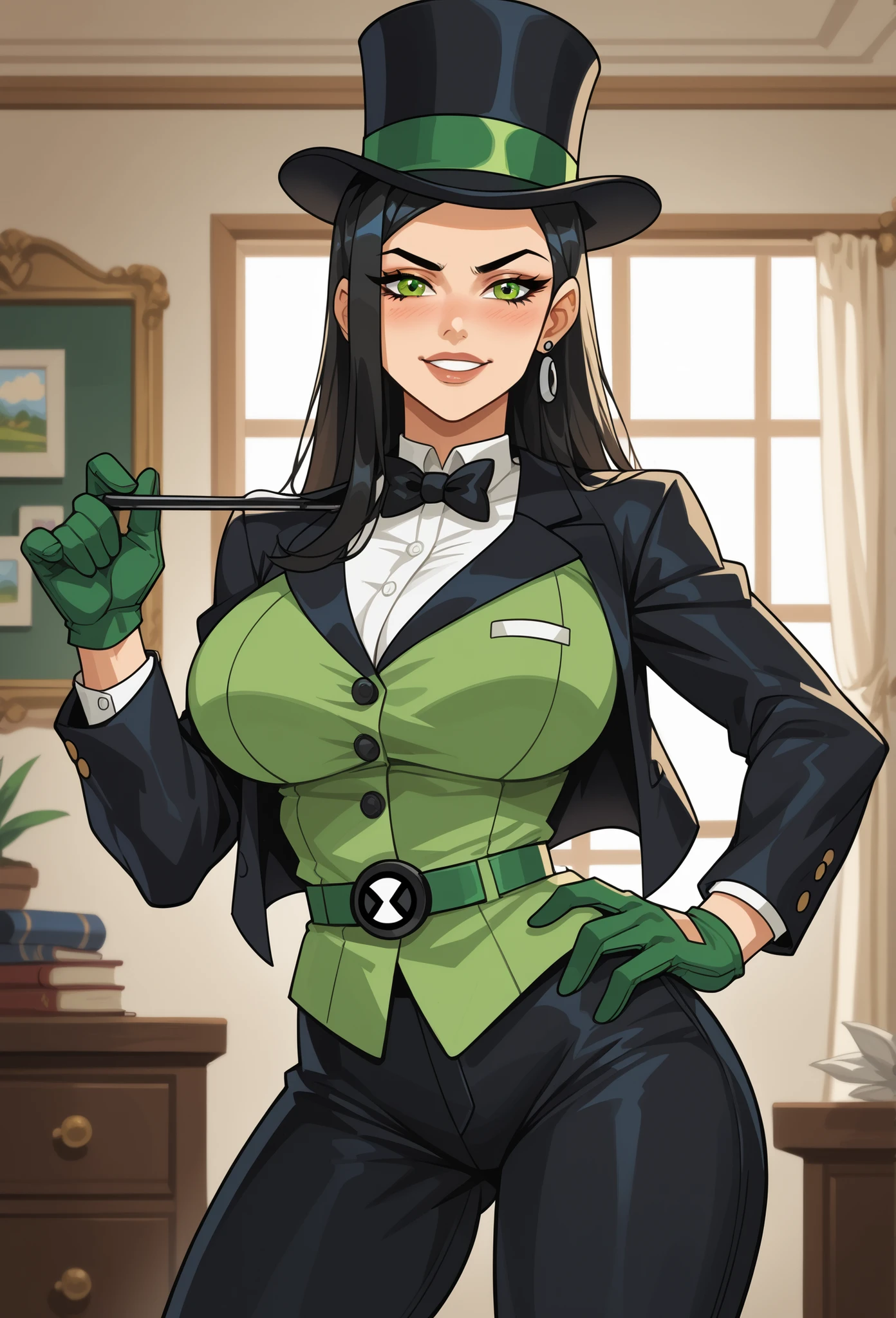 masterpiece, the best quality, highly detailed, cinematic dust , unity wallpaper 8k, masterpiece,  the best quality,  ultra detailed,  high quality、high image quality、detailed face, (masterpiece), (perfect-all), perfect anatomy ,N0R3AL_PDXL, detailed eyes,
BREAK,1 girl, pants, Alone ,  black hair, has, Gloves, bowtie, bow, top hats, breasts,  green eyes, green Gloves,  long hair, shirt,  looking at the Viewer ,  black hats, green shirt, black bow, huge breasts, black bowtie, make-up,  jacket, black  jacket, cowboy shot, room, ben10, black pants, sexy body, tight clothing, absolutely thick thighs,belt, green Belt,underbelt, súper tight shirt,curvy, toned,skinny,curvy, toned, athletic, green shirt,tightpants, sexy pants, long sleeves, uncensored, long shirt,