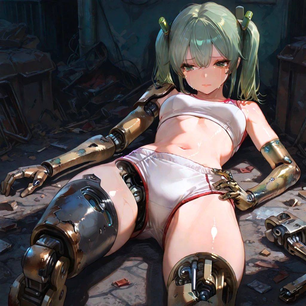 ((masterpiece,Highest quality:1.3)),cowboy shot,1woman、30-year-old beautiful detective、独奏,(very small head:1.3),green hair,(low ponytail),long hair,blunt bangs,green eyes,gorgeous eyes,tears、crying,medium breasts,(very long body:1.2),(toned body,slender body,skinny),gleaming skin,shiny skin,oily skin,(Injury:1.4,Bleeding:1.4、Torn clothes),Yellow micro shorts,topless,nipples,navel、vagina,bottomless,White sneakers、sitting,spread legs,(Mechanical Tentacles、A female mechanical lifeform rapes a female investigator:1.5)、Inside an abandoned building、explosion、World of Blade Runner、nsfw,