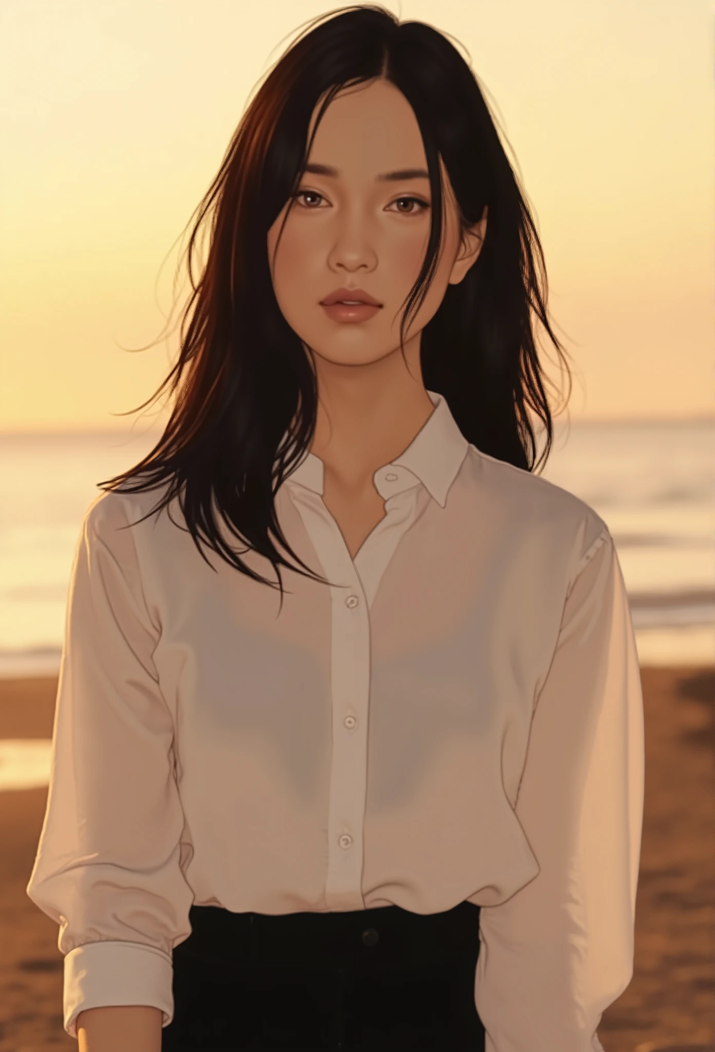  27 year old, woman, with olive green eyes, long, dark wavy hair, dressed in a white button-down blouse, and black pants, with the light of dawn in the background,