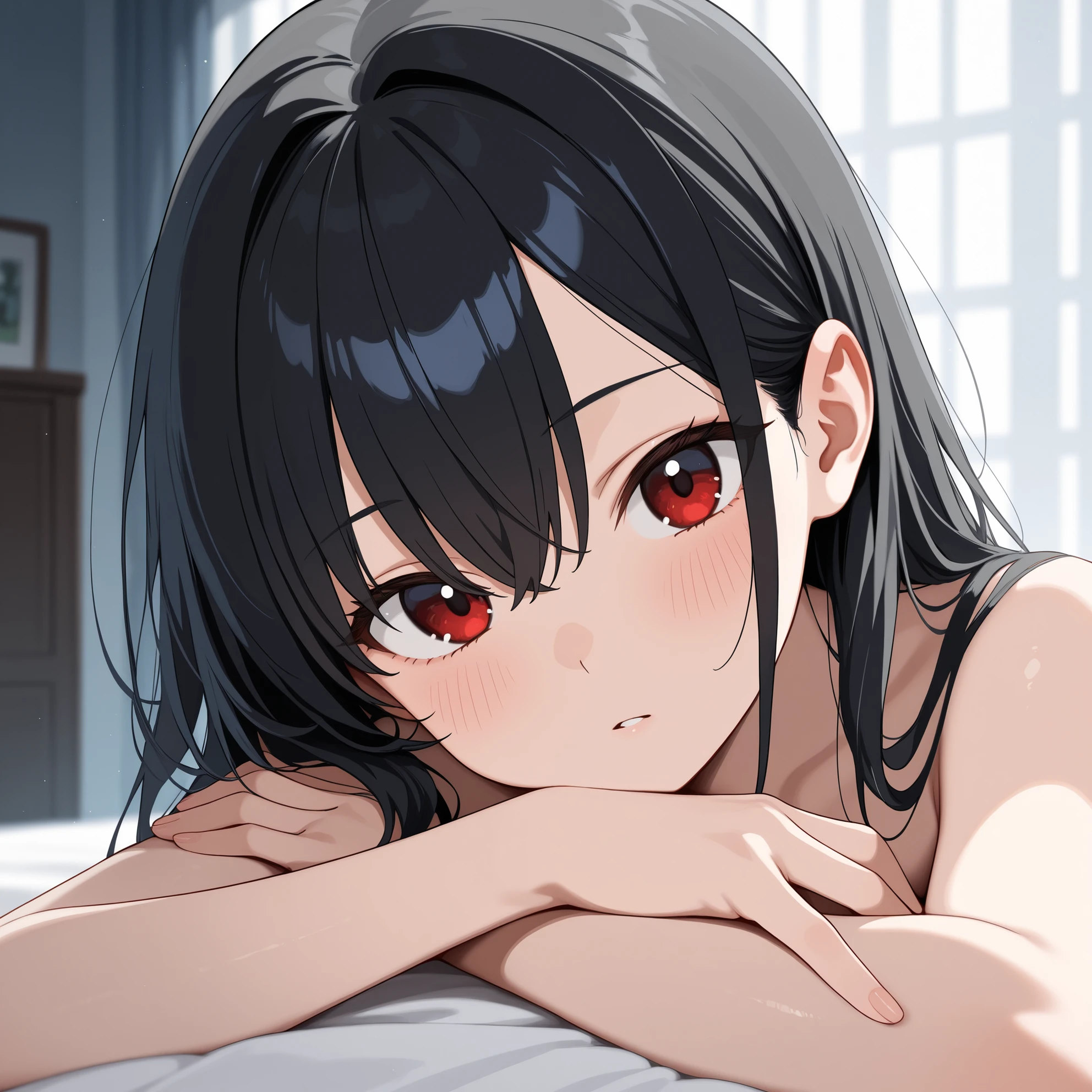 One Girl、Kaguya-shinomiya, kaguya shinomiya, Folded ponytail, amount, hair ribbon, (Red eyes:1.5), red ribbon, ribbon, short hair, Side Lock, (Small breasts:1.2), break looking at viewer, break indoors, break (masterpiece:1.2), highest qualthaty, High resolution, unthaty 8k wallpaper, (shape:0.8), (Fine and beautiful eyes:1.6), Highly detailed face, Perfect lighting, Highly detailed CG, (Perfect hands, Perfect Anatomy)、Collapse into bed、that'Fallen、A system that allows you to see the face between your legs、Please open your mouth wide、that'Come、Wistful face、Haa、Embarrassed expression(1:2)、Heavy breathing、Sexy Underwear、See-through underwear、(((Legs wide open)))、sthat、Lie down in bed、White background、White background