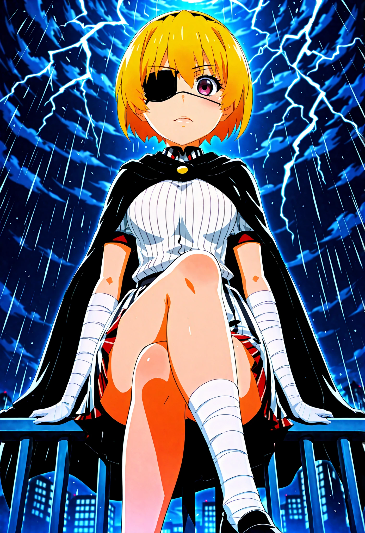 *"A lone figure, satokoIllustrious, sits perched on the edge of a skyscraper railing, legs crossed in a casually dangerous pose, staring directly at the viewer with unsettling intensity. Her short blonde hair - cut in Satoko Hojo's signature style from Higurashi - frames her face messily, with strands partially obscuring her one visible blood-red eye. The other eye is covered by a black eyepatch bearing a faintly glowing lightning bolt symbol. Her youthful face shows signs of exhaustion - dark eyebags, heavy eyeliner, and a faint fake scar - yet her expression remains defiant, lips slightly curled*
*She wears an unblemished school uniform beneath a dramatic black leather trenchcoat, the ensemble completed by a tattered dark cape that billows dramatically in the stormy wind. Bandages wrap around her exposed arms and legs, A subtle red aura surrounds her form as she maintains her precarious balance on the railing, appearing both vulnerable and threatening simultaneously.*
*The background reveals a breathtaking night view from the skyscraper's dizzying height - a sprawling neon cityscape blurred by rain and distance, with bokeh lights twinkling through the downpour. Ominous storm clouds swirl overhead, illuminated by occasional lightning flashes that cast dramatic underlighting on the scene. The fisheye perspective emphasizes both her isolation and the vertiginous drop behind her. The overall atmosphere blends Higurashi's psychological tension with Tite Kubo's stylish aesthetic - a perfect visualization of chuunibyou grandeur meeting genuine emotional turmoil."*