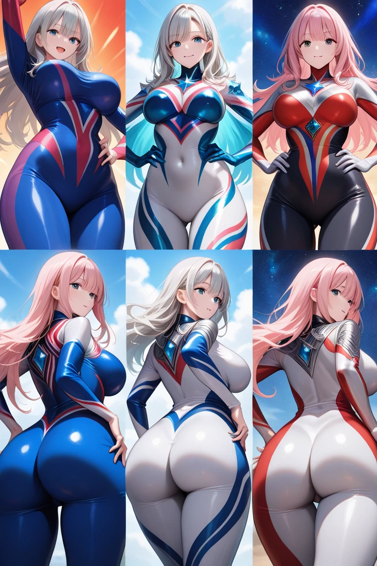 red haired woman,short bob,red eyes, (Ultra Girl :1.0), silver and red ultraman bodysuit, back view,back,butt,fist