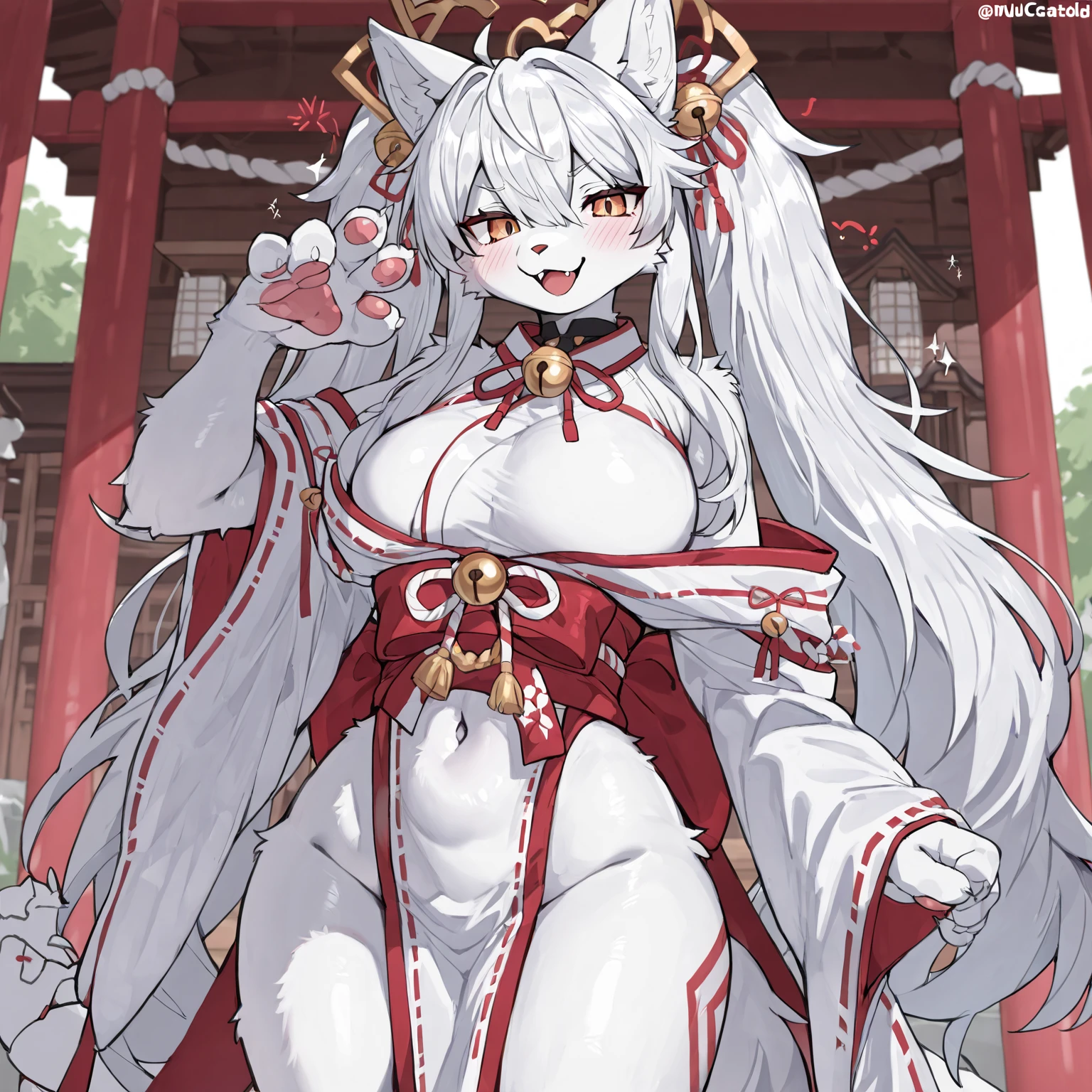 Fox girl extreme muscular body, shrine maiden outfit, fair skin, fox ears, 9 fluffy fox tails and gigantic breasts.