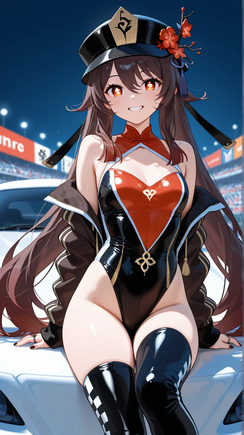 best quality, masterpiece, highres, solo, {zuikaku_azurlane:1.15}, long_hair, brown_hair, breasts, large_breasts, bangs, yellow_eyes, blush, cleavage, very_long_hair, hair_ornament, smile, collarbone, brown_eyes, ponytail, 1girl, bare_shoulders, center_opening, clothing_cutout, cowboy_shot, criss-cross_halter, halterneck, looking_at_viewer, navel, navel_cutout, official_alternate_costume, race_queen, wrist_cuffs, thighhighs, checkered_background, one_side_up