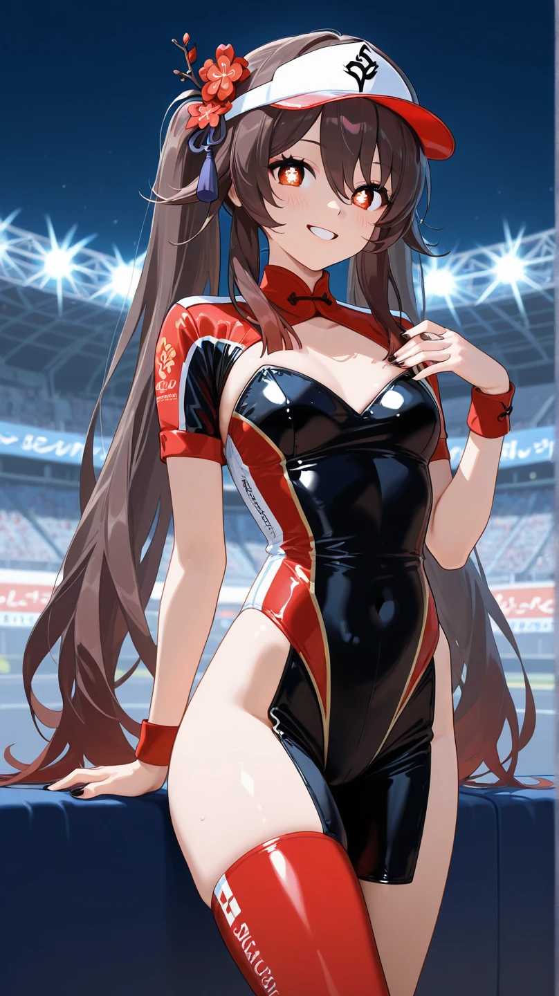 (Highest quality, 8k, 32K, masterpiece, Ultra-high resolution,:1.2),to be born, One Girl,So cute , Fantasy background like a gymnasium, clear, Shining Eyes, Age 25 ,Fair skin, Brown Hair Girl, Slanted Eyes, , An innocent smile, Grin, Large Breasts, New Gymnastics, Long Hair, Wearing a leotard,Japanese flagを持っている, Japanese flag
