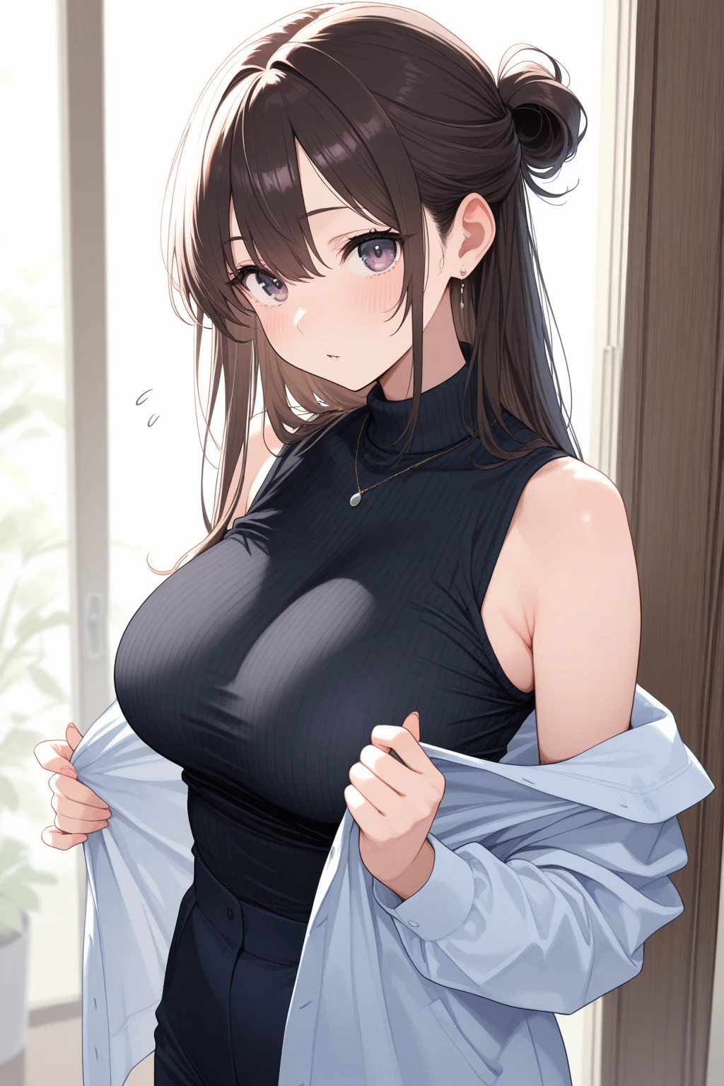 Solo, 1girl, brown hair, yellow eyes, long hair, blue end hair tips, large breasts, grey sweater, smile, pov, 