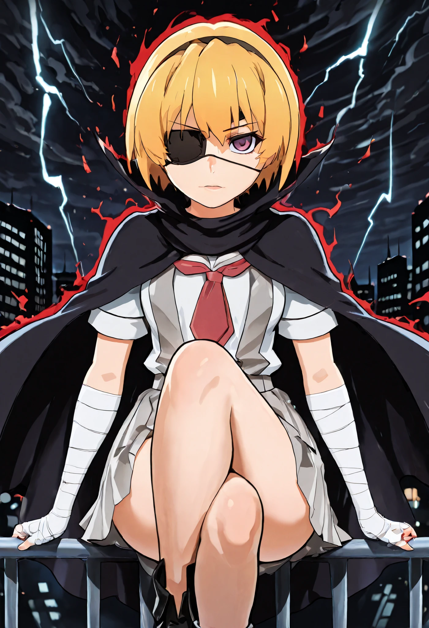 *"A lone figure, satokoIllustrious, sits perched on the edge of a skyscraper railing, legs crossed in a casually dangerous pose, staring directly at the viewer with unsettling intensity. Her short blonde hair - cut in Satoko Hojo's signature style from Higurashi - frames her face messily, with strands partially obscuring her one visible blood-red eye. The other eye is covered by a black eyepatch bearing a faintly glowing lightning bolt symbol. Her youthful face shows signs of exhaustion - dark eyebags, heavy eyeliner, and a faint fake scar - yet her expression remains defiant, lips slightly curled* *She wears a school uniform beneath a dramatic black leather trenchcoat, the ensemble completed by a tattered-frayed dark cape that billows dramatically in the stormy wind. Bandages wrap around her exposed arms and legs, A subtle red aura surrounds her form as she maintains her precarious balance on the railing, appearing both vulnerable and threatening simultaneously.* *The background reveals a breathtaking night view from the skyscraper's dizzying height - a sprawling neon cityscape blurred by rain and distance, with bokeh lights twinkling through the downpour. Ominous storm clouds swirl overhead, illuminated by occasional lightning flashes that cast dramatic underlighting on the scene. The fisheye perspective emphasizes both her isolation and the vertiginous drop behind her. The overall atmosphere blends Higurashi's psychological tension with Tite Kubo's stylish aesthetic - a perfect visualization of chuunibyou grandeur meeting genuine emotional turmoil."* at night, dark background, stormy emphasis, slightly rainy,
