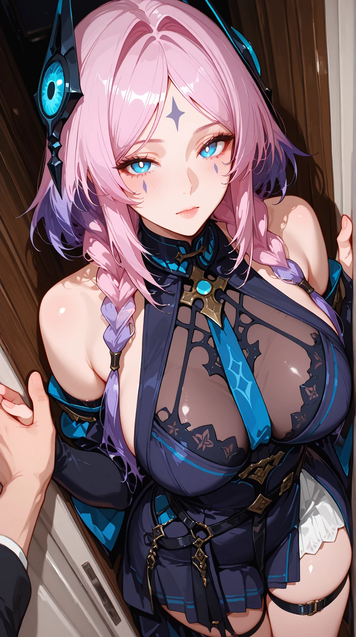 reinepavolia, <lora:reinepavolia-lora-nochekaiser:1>,
reine pavolia, blue eyes, braid, braided bangs, light purple hair, parted bangs, ponytail, single braid,
BREAK bangle, black nails, blue dress, bracelet, brooch, clothing cutout, detached sleeves, dress, earrings, feather hair ornament, feathers, jewelry, midriff, nail polish, navel, navel cutout, taut clothes,
BREAK looking at viewer,
BREAK indoors,
BREAK <lyco:GoodHands-beta2:1>, (masterpiece:1.2), best quality, high resolution, unity 8k wallpaper, (illustration:0.8), (beautiful detailed eyes:1.6), extremely detailed face, perfect lighting, extremely detailed CG, (perfect hands, perfect anatomy),