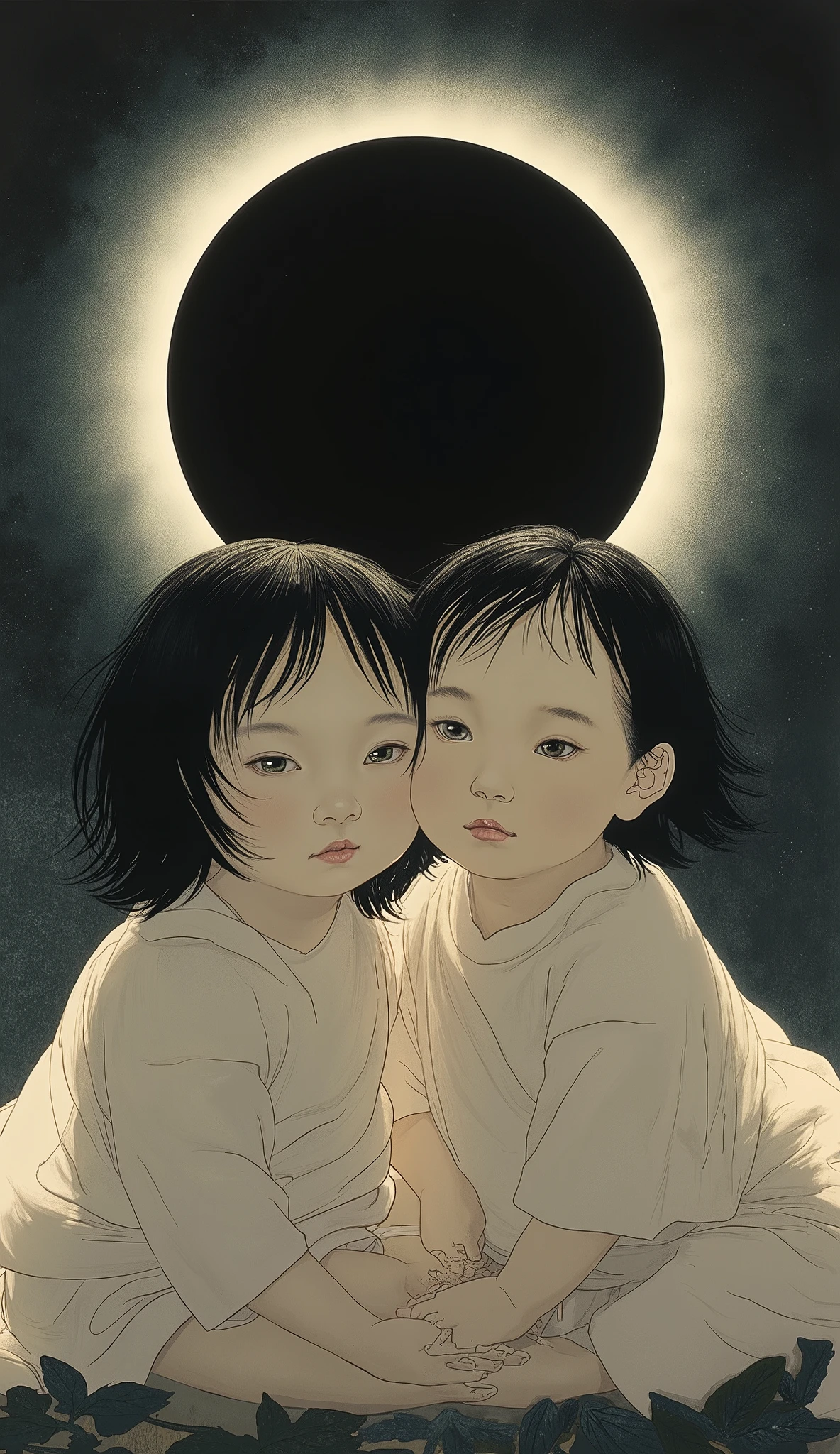 Create the image of two twin babies: a girl with black hair and green eyes and a boy with black hair and dark green eyes.. With a black and white solar eclipse in the background.