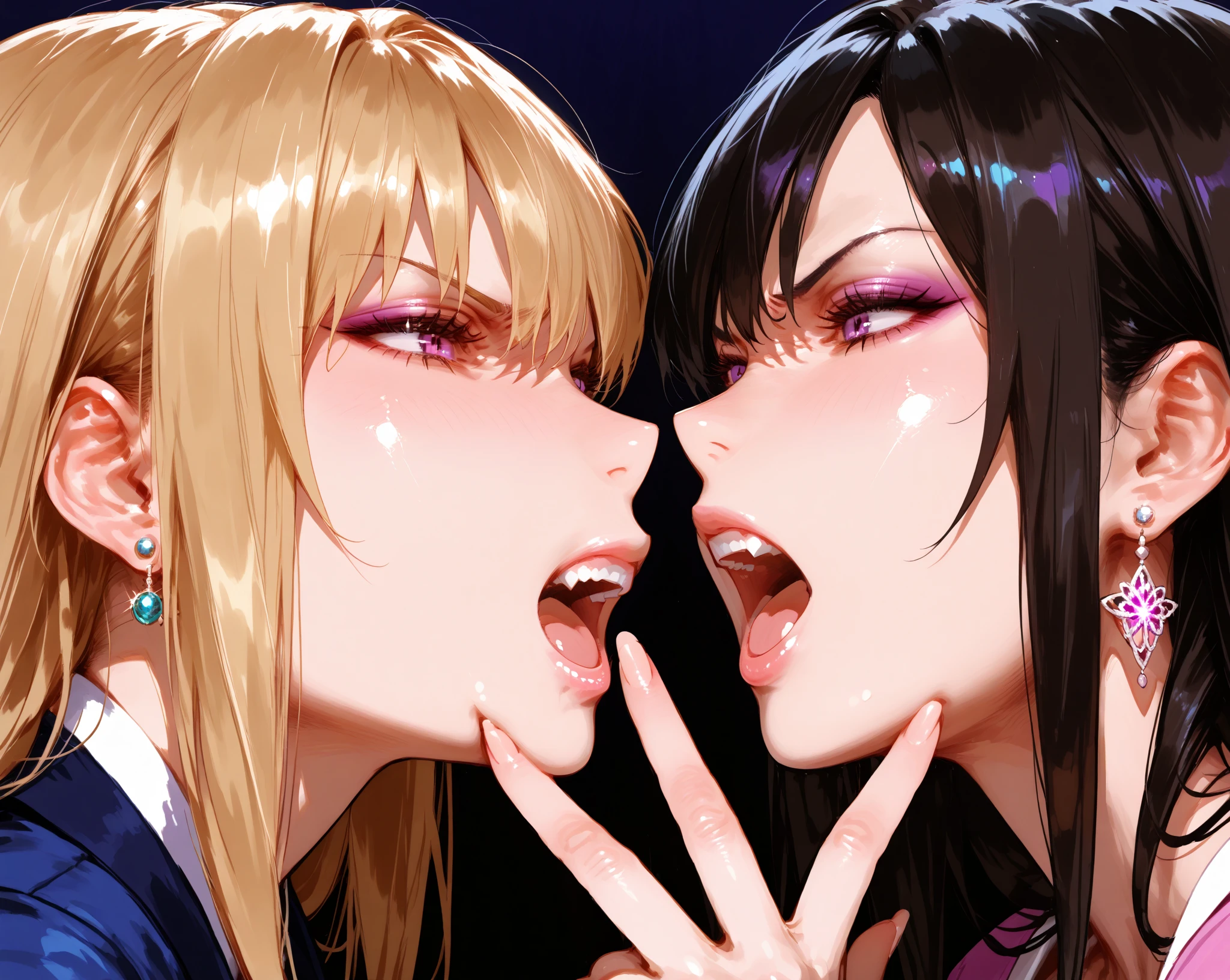 3females,blowjob,handjob,aggressive gyarus,eyelash,black hair,brown hair,short hair,tongue out,sweaty,aroused and happy,looking at penis,bukkake on face,gyaru,at nightclub,females licking 1penis pov,from above,bukkake on face,(only 1penis),hyperrealistic,excessive cum