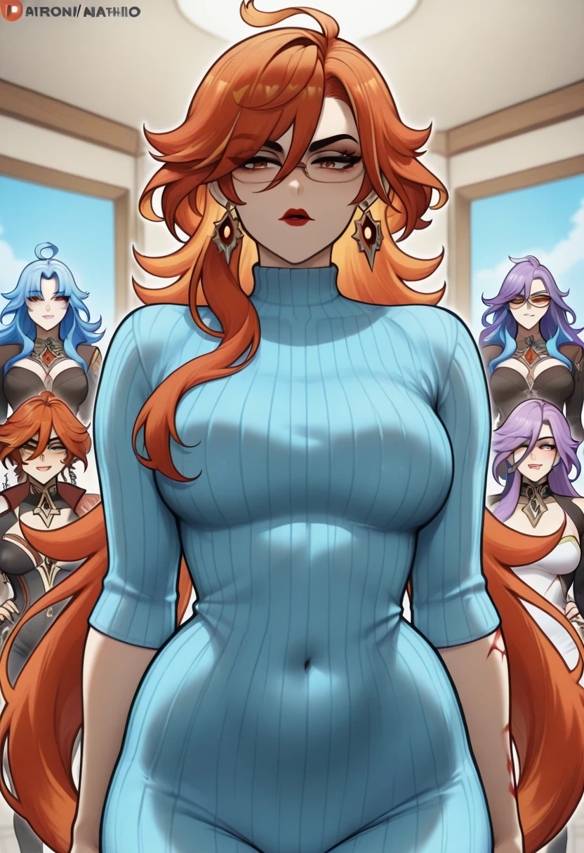 Full body, up view, fighting pose, muscular female fitness,Dinamic pose, Character design sheet, pale skin, average breasts uncover (muscular)) curly hair, very long hair, sideless clothes, costume, belly uncover, uncover top, scars on face, cleavage breast, abdominals, look at, orange hair , multiple angles, perspective, multiples views.