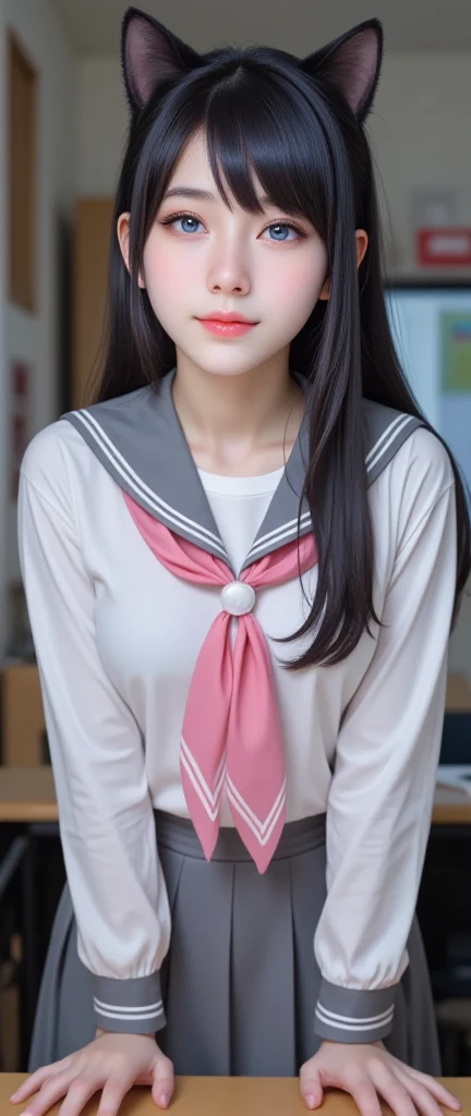 (top-quality、masutepiece、超A high resolution)、(Looking at the camera、Kamimei:1.2、a smile:1.5)、(cleavage of the breast:1.2、Semen、a wet body:1.2)、inside in room、a beauty girl、Brown hair、bangss、short-hair、kawaii faces、Beautiful eyes、((hi-school girl、a sailor suit、skirt by the、Black knee-high socks))