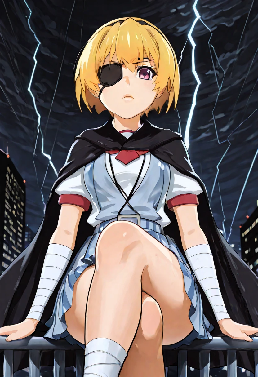*"A lone figure, satokoIllustrious, sits perched on the edge of a skyscraper railing, legs crossed in a casually dangerous pose, staring directly at the viewer with unsettling intensity. simple black hairband, Her short blonde hair - cut in Satoko Hojo's signature style from Higurashi - frames her face messily, with strands partially obscuring her one visible blood-red eye. The other eye is covered by a black eyepatch bearing a faintly glowing lightning bolt symbol. Her youthful face shows signs of exhaustion - dark eyebags, heavy eyeliner, and a faint fake scar - yet her expression remains defiant, lips slightly curled* *She wears a school uniform beneath a dramatic black leather trenchcoat, the ensemble completed by a tattered-frayed dark cape that billows dramatically in the stormy wind. Bandages wrap around her exposed arms and legs, A subtle red aura surrounds her form as she maintains her precarious balance on the railing, appearing both vulnerable and threatening simultaneously.* *The background reveals a breathtaking night view from the skyscraper's dizzying height - a sprawling neon cityscape blurred by rain and distance, with bokeh lights twinkling through the downpour. Ominous storm clouds swirl overhead, illuminated by occasional lightning flashes that cast dramatic underlighting on the scene. The fisheye perspective emphasizes both her isolation and the vertiginous drop behind her. The overall atmosphere blends Higurashi's psychological tension with Tite Kubo's stylish aesthetic - a perfect visualization of chuunibyou grandeur meeting genuine emotional turmoil."* at night, dark background, stormy emphasis, slightly rainy, lightning symbol on the eyepatch,