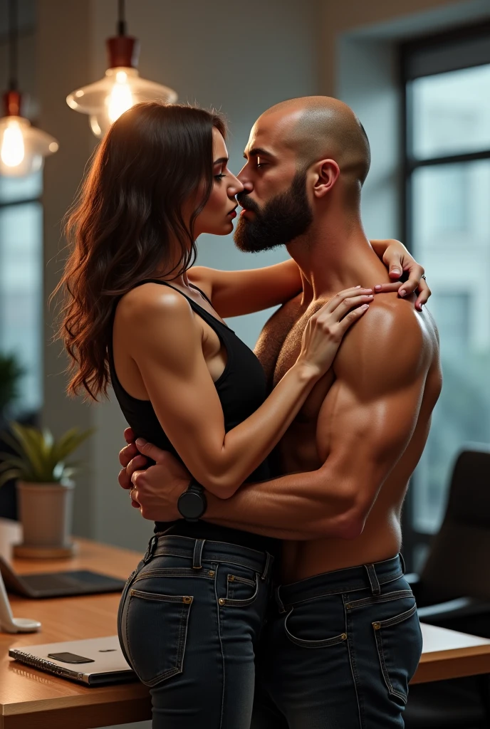 Photo realistic image of handsome 4 white teacher, tall and beardless, very muscular on a date with tight sports uniform on his big hairy muscular legs in love with a very young short teenage boy student in uniform  thin kissing