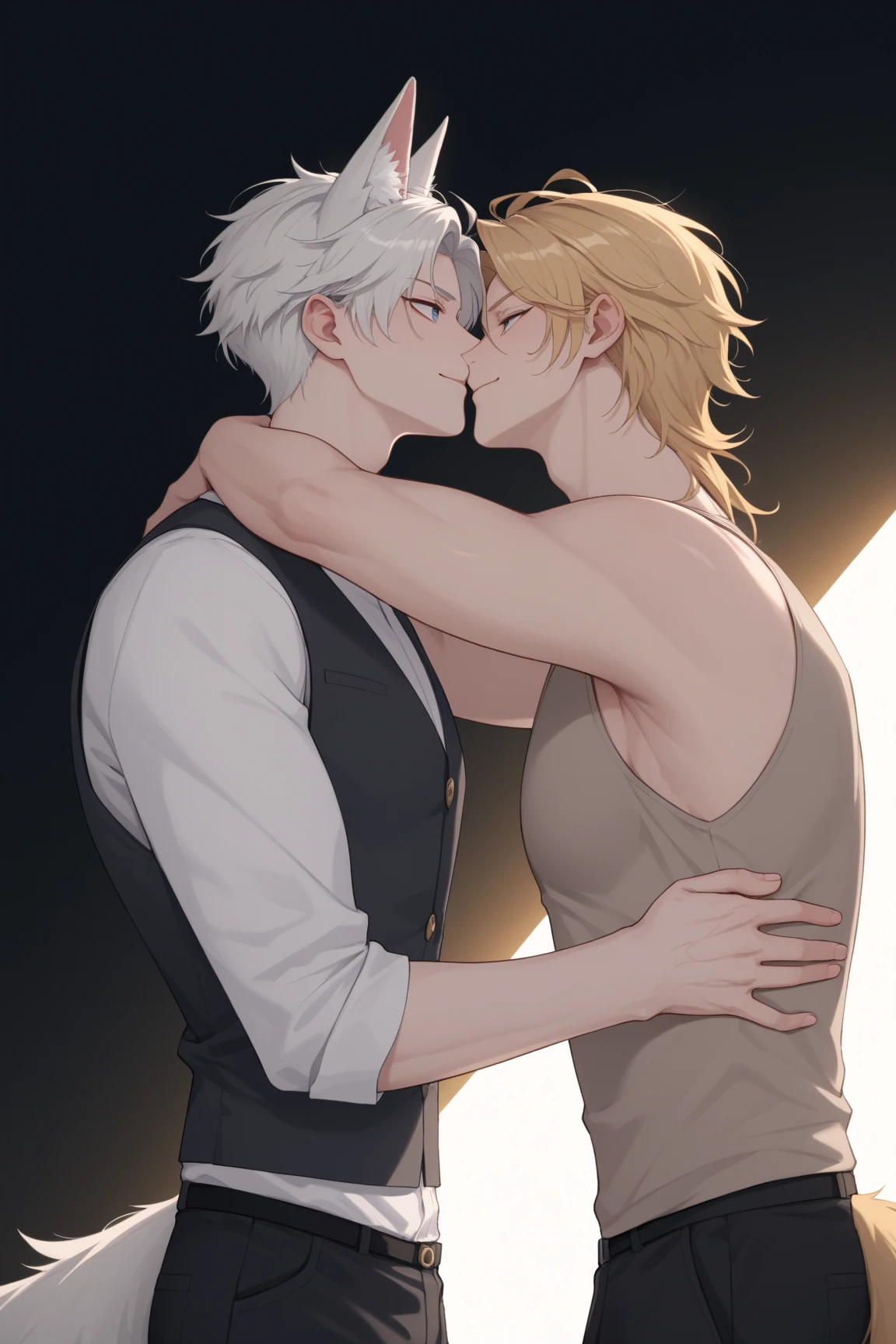absurdres, highres, ultra detailed, HDR, master piece, best quality, Quincy, blond messy short hair, expressive orange eyes, Nu Carnival, Gojo Satoru, white hair with bangs, expressive blue eyes, 2men together, sexy gay couple, handsome, small tight black leather shirt, black leather coat, belt around his chest, showing the abdomen, window, red curtains, petals, flowers