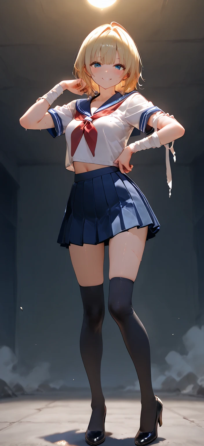 girl, masterpiece, Highest quality, ultra detailed, CG unity 8k, Cinema Lighting, Lens flare, ultra detailed eyes, sexy, big breast, young adult, dark skin, finely red eyes, wild long hair, silver hair color, , short sleeve suit ,white shirts,  , sailor suit, mini skirt, (dark blue skirt:1.2), straight skirt, Twisting, dancing, night, city streets, scars, blushing, ( evil smile;1.3), evil grin, (sharp eye:1.2),(scowl:1.1), (stare at viewer:1.5),  looking down, tall stature, glamor, (embarrassed,blush:1.3), nsfw,(ecstasy:1.3) ,(slut:1.2),(vulgarity:1.3),(fucked silly:1.1),(wet:0.8),(drooling:0.6),(sweat:0.8), from below, glistening skin, underboob, abs, tanned skin, smug face, surrounded by audience, Frolicking,full body , straight hair