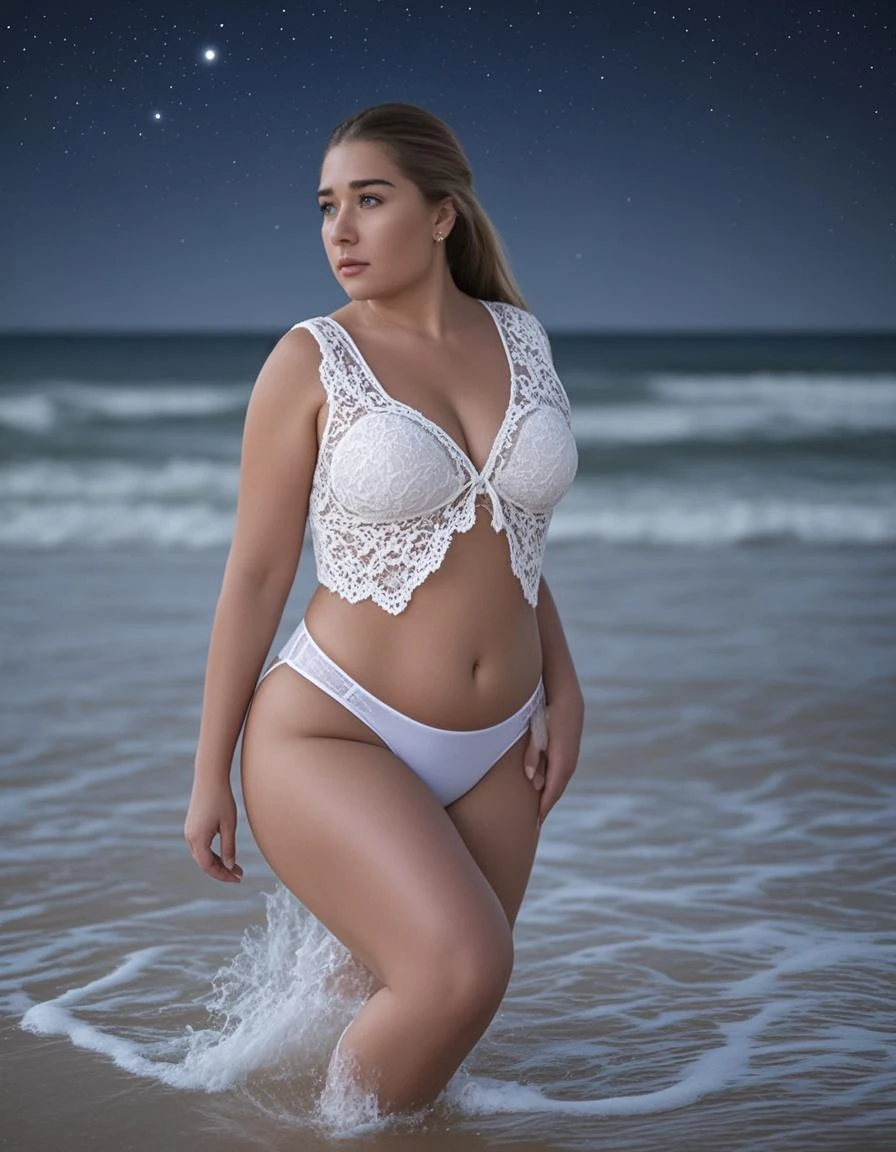 1 mature woman in, age50, Solo, casual hair, curvaceous forms, curvy body, Looking at Viewer, grayblondehair, Bare shoulders, Brown eyes, jewely, Full body, a necklace, off shoulders, wearing white lacy bikini elegant patterned, Realistic, A sexy, full body, studio Foto With Photographic equipment, views