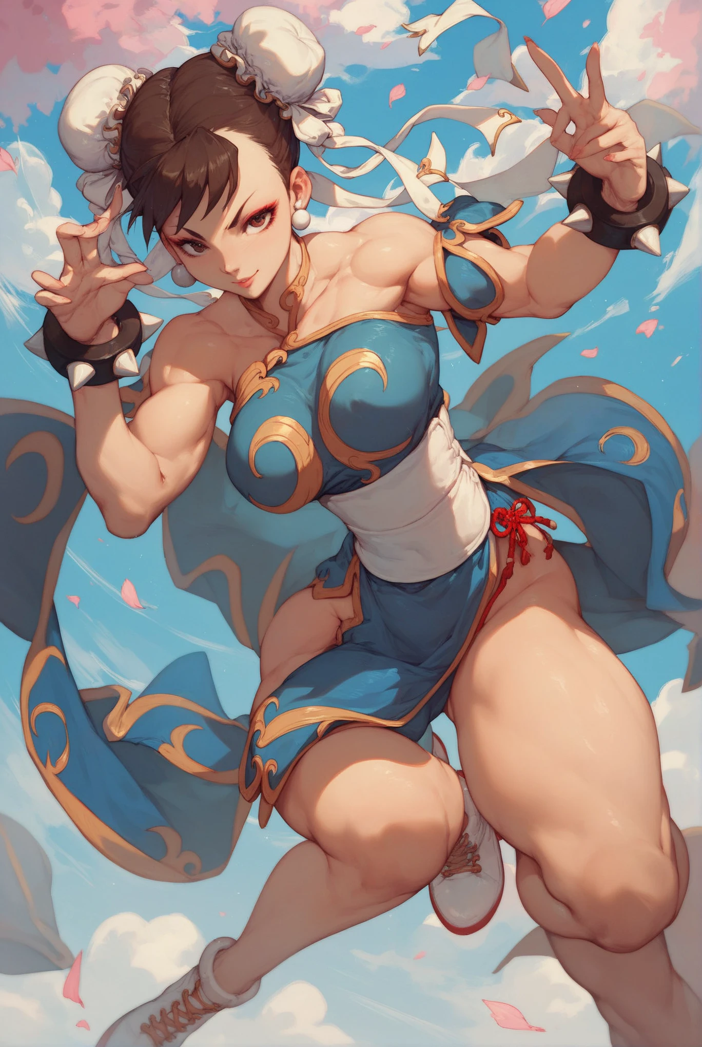 Street fighter, Chun LI, smiling, showing armpits and pussy, half naked
