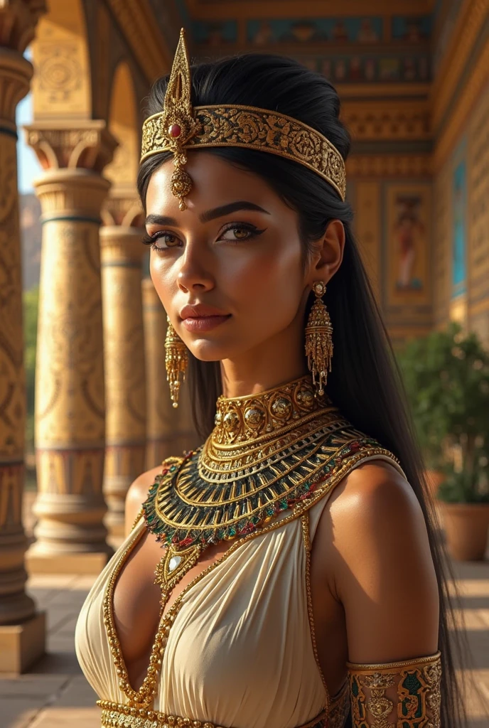 Hyper-realistic tonalism style, gouache, ink wash, opaque colors and low key lighting, Princess of Egypt profile portrait, subtle details, colourful and gold ancient Egypt jewelry ,beautiful breast, chest press together, medium long shot ,elegance pose, splash ink, ancient Egypt sandstone temple background, matte painting, Unreal Engine 5.