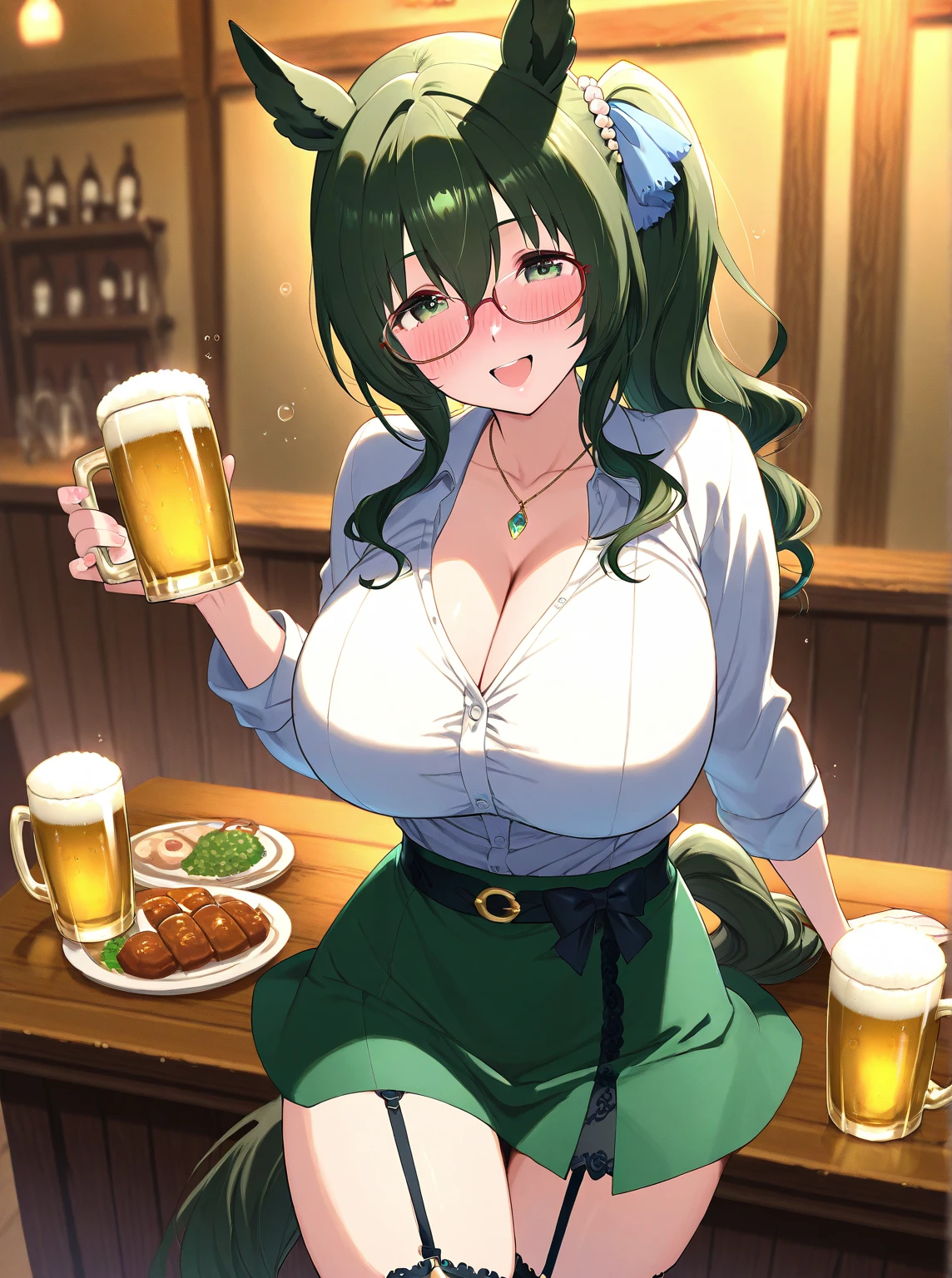 masutepiece, Best Quality, 女の子1人、huge-breasted、bbw、Holding (beer)1.5、Thumbs up、huge smile
