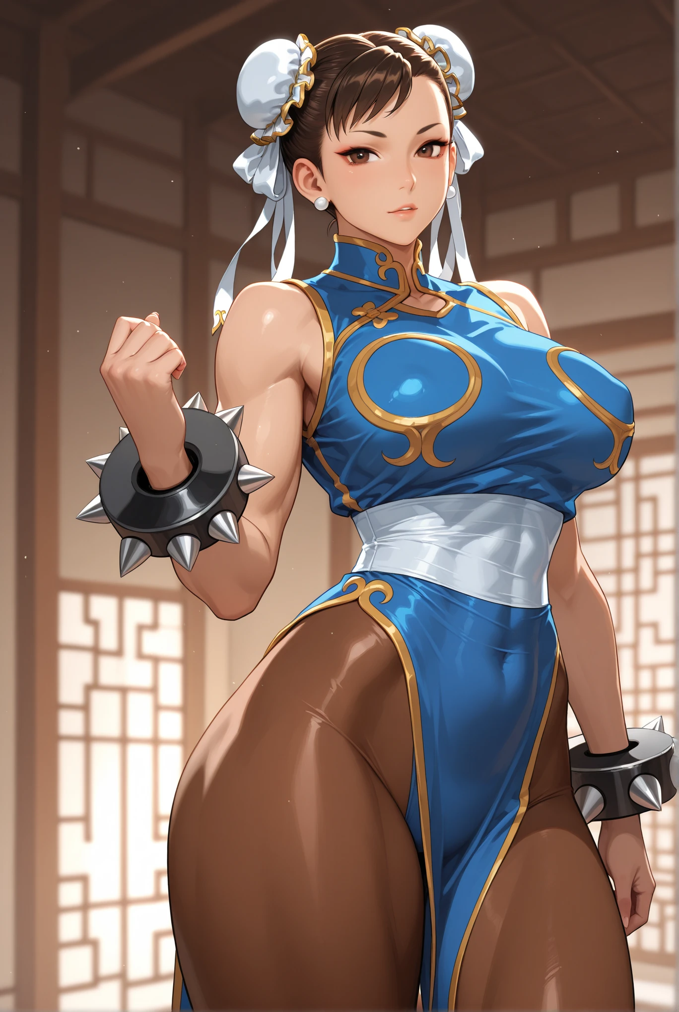 1chun li girl, black hair, yellow eyes, very long hair, pale skin, curvy, big breasts, firm breats, frozen lake, wide hips, slim body