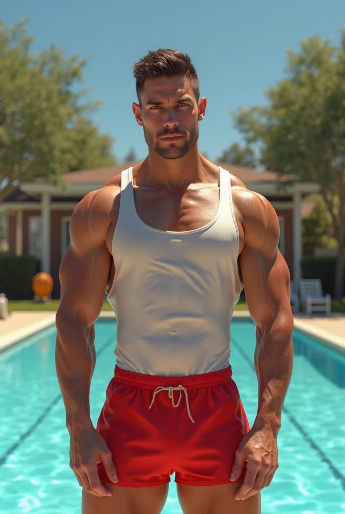 It generates a very handsome young boy with perfect features, he has swimming goggles on, his body is muscular and defined, the veins are visible in his muscles, he is tattooed in various parts of his body, his body is completely full of water and hairy, he is wearing an almost transparent and wet white boxer, inside the boxer there is a cylindrical figure that looks like a large tube that reaches from the middle of his legs to the corner of his leg horizontally, which makes the boxer look tighter, it is sitting on the edge of a pool and more men in the background