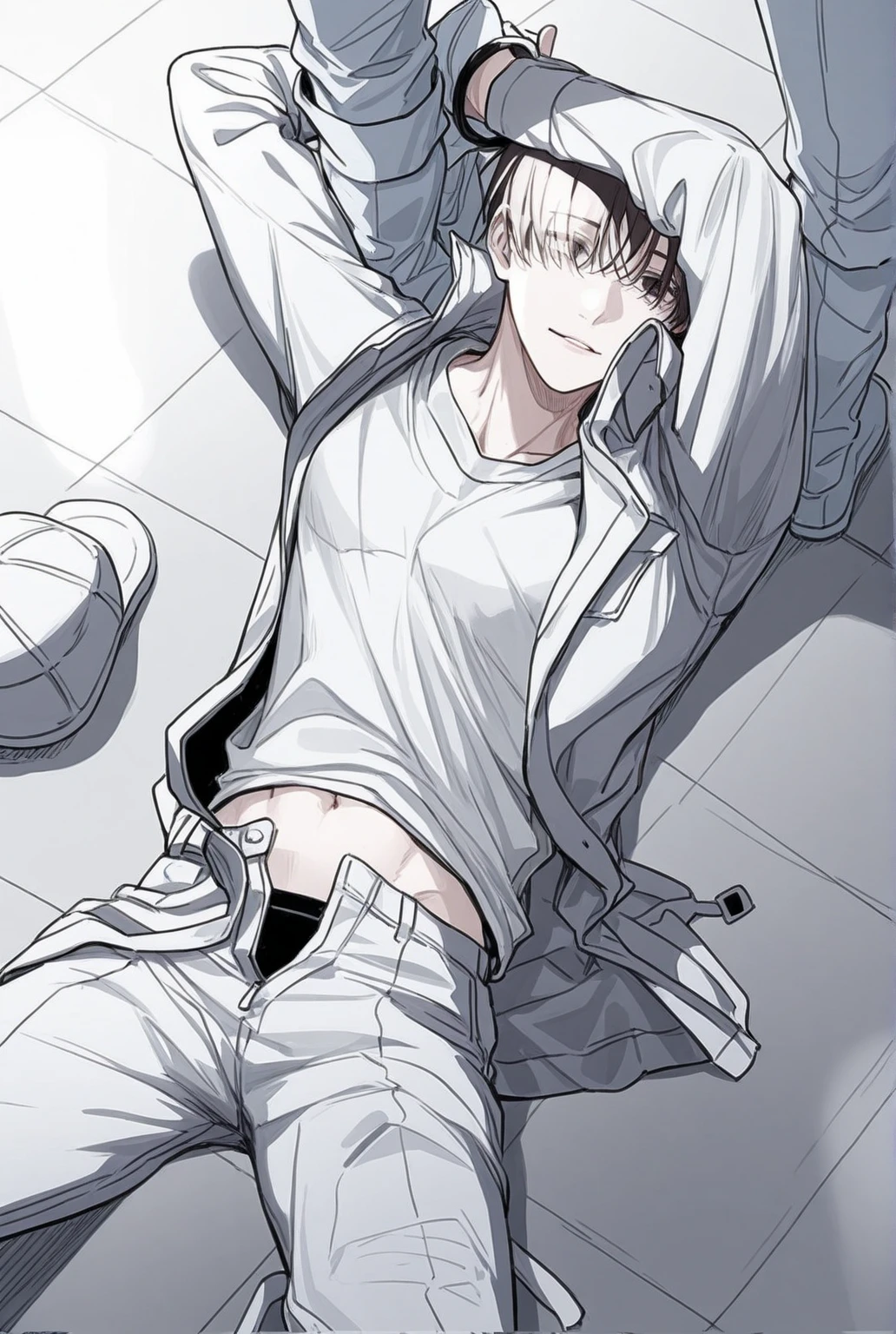 masterpiece, 1 Man,brown hair, light brown eyes,sweat body,oval face, white skins,dynamic seductive face,Wear white underwear, Look at me, Lovely, Handsome, Hu dregs, Lying in bed., Put your hands behind your head., Spread the leg, White sheets, Light and shadow, White socks, (Black shorts:1.2), Glossy skin, Sweat, Asian male, Handsome Boy, textured skin, super detail, best quality,