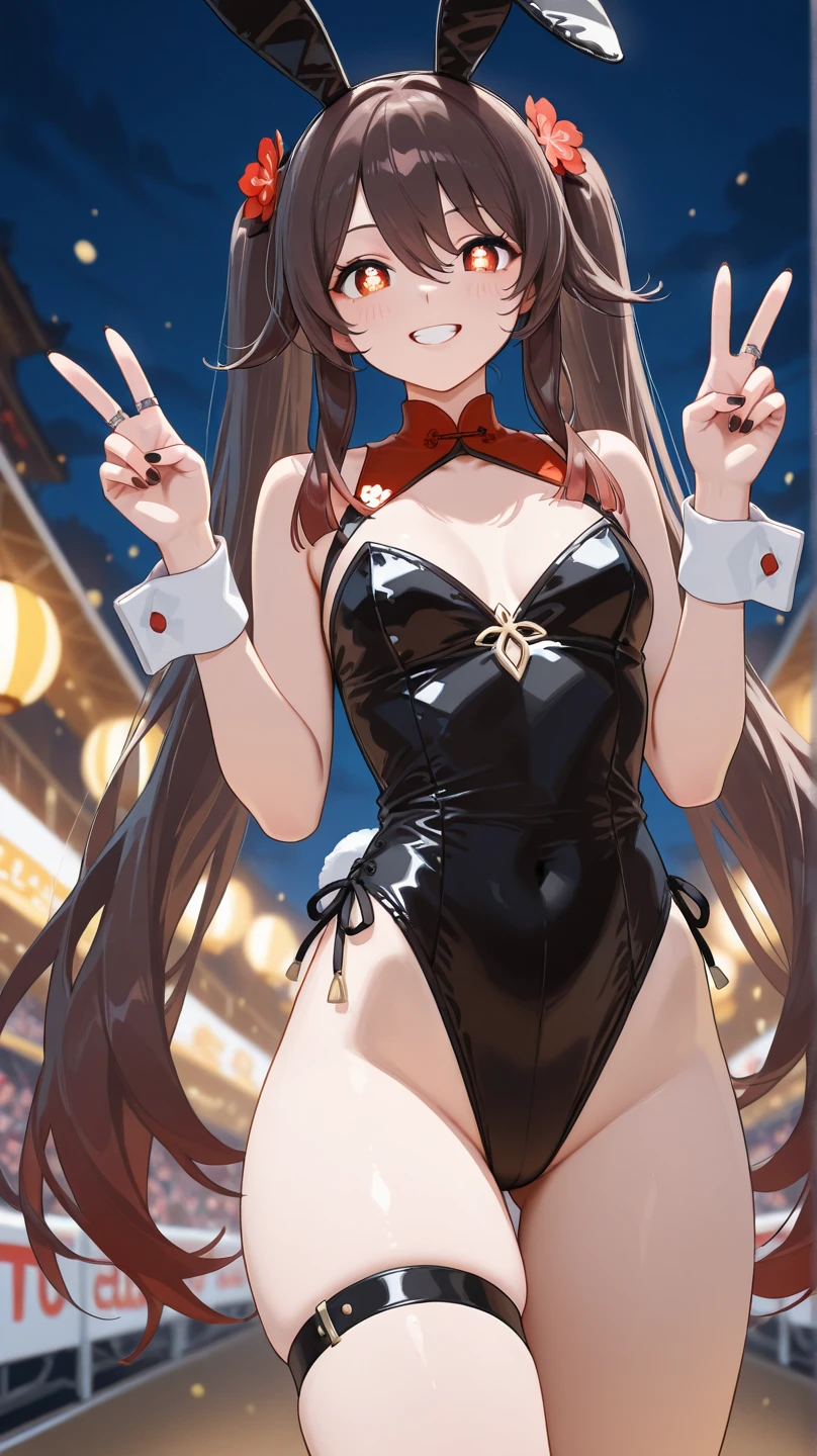Envision an anime girl with chestnut-brown hair styled in loose curls, adorned with traditional Chinese hair sticks. Her latex swimsuit, inspired by the vibrant colors of the Lantern Festival, features a rich blend of red, gold, and navy blue. Posing under a starlit sky filled with floating lanterns, she stands with arms outstretched, capturing the enchantment of the festival. The latex swimsuit has lantern-shaped charms and subtle metallic sheen, and her expression is one of romantic fascination, embodying the moonlit romance of a Lantern Festival muse.