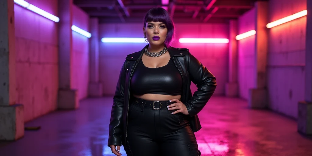 Girl,high,white,bully,carpet,punk,muscular,curvy figure,voluptuous,round and firm ass,face  made up with dark colors,stern expression,hair is dyed purple and shaved on the sides,various piercings on the face and body.
outfit:punk and gothic clothing, leather jacket, military boots, ripped jeans, no bra, camiseta white transparente que deja ver las tetas.