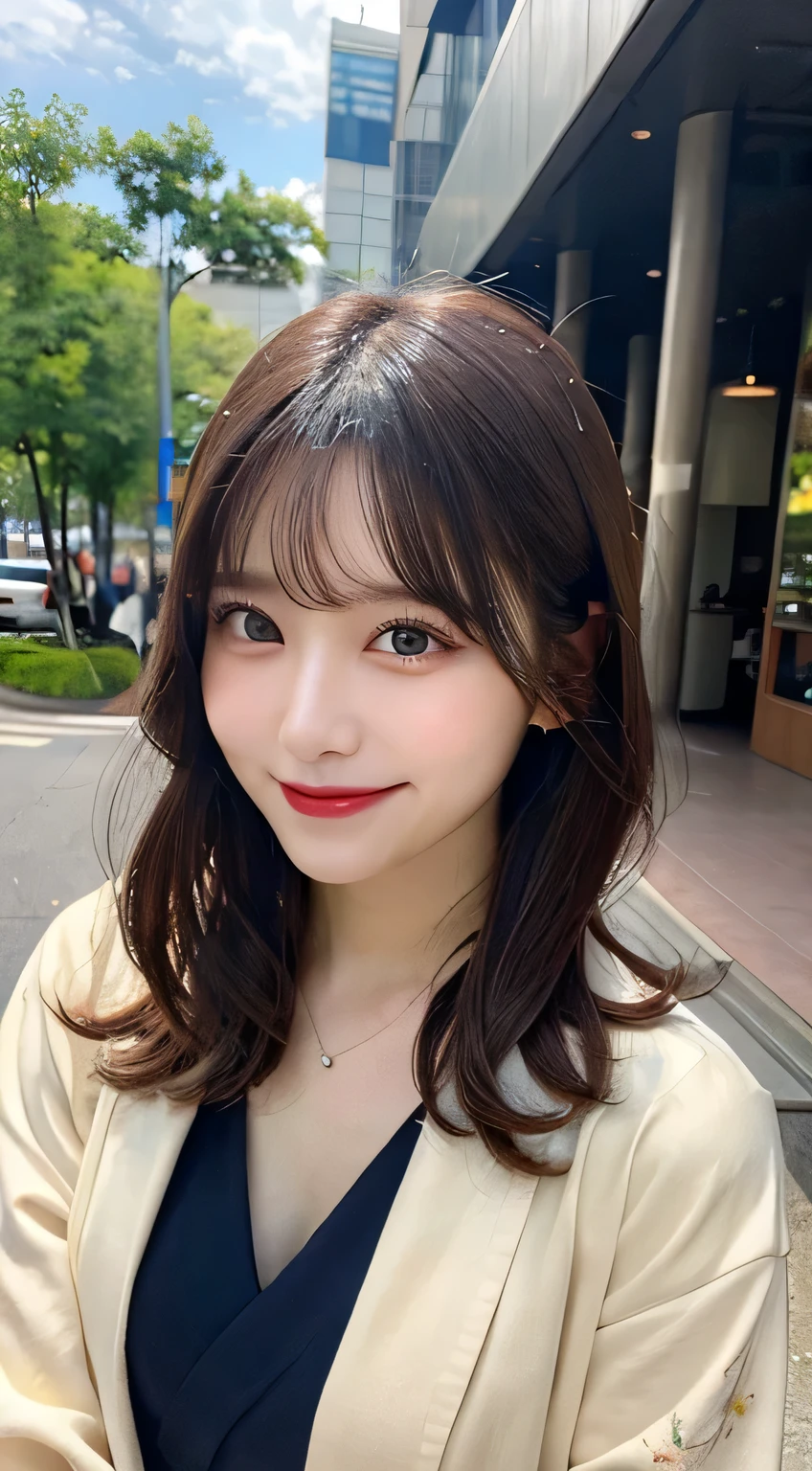 Highest quality, ,smile、Beautiful teeth alignment、Light brown hair、Short Haircut、Wavy Hair、hair band、Long sleeve blouse、ear piercing、necklace, ,、The background is the building's corridor.
