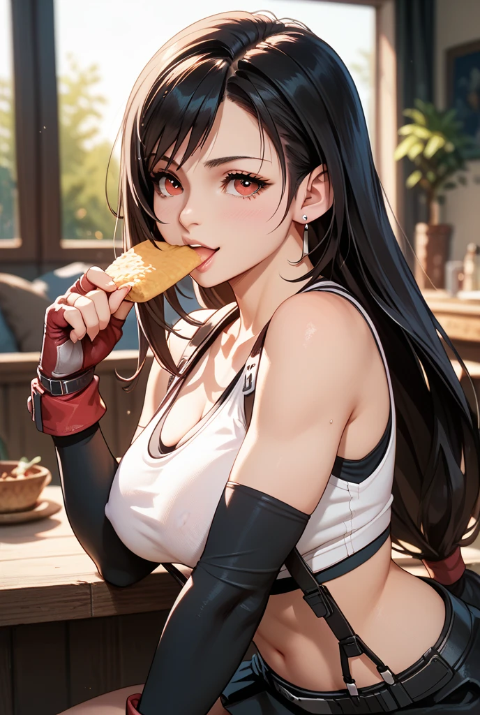 (masterpiece, best quality: 1.2),1girl, tifa lockhart, final fantasy, white crop top, elbow pad, fingerless gloves, suspenders, pencil skirt, white tshirt, sexy look, short skirt, miniskirt, pencil skirtThe expression of a kiss,Wet pink and white sexy lips,eating banana,full-body shot