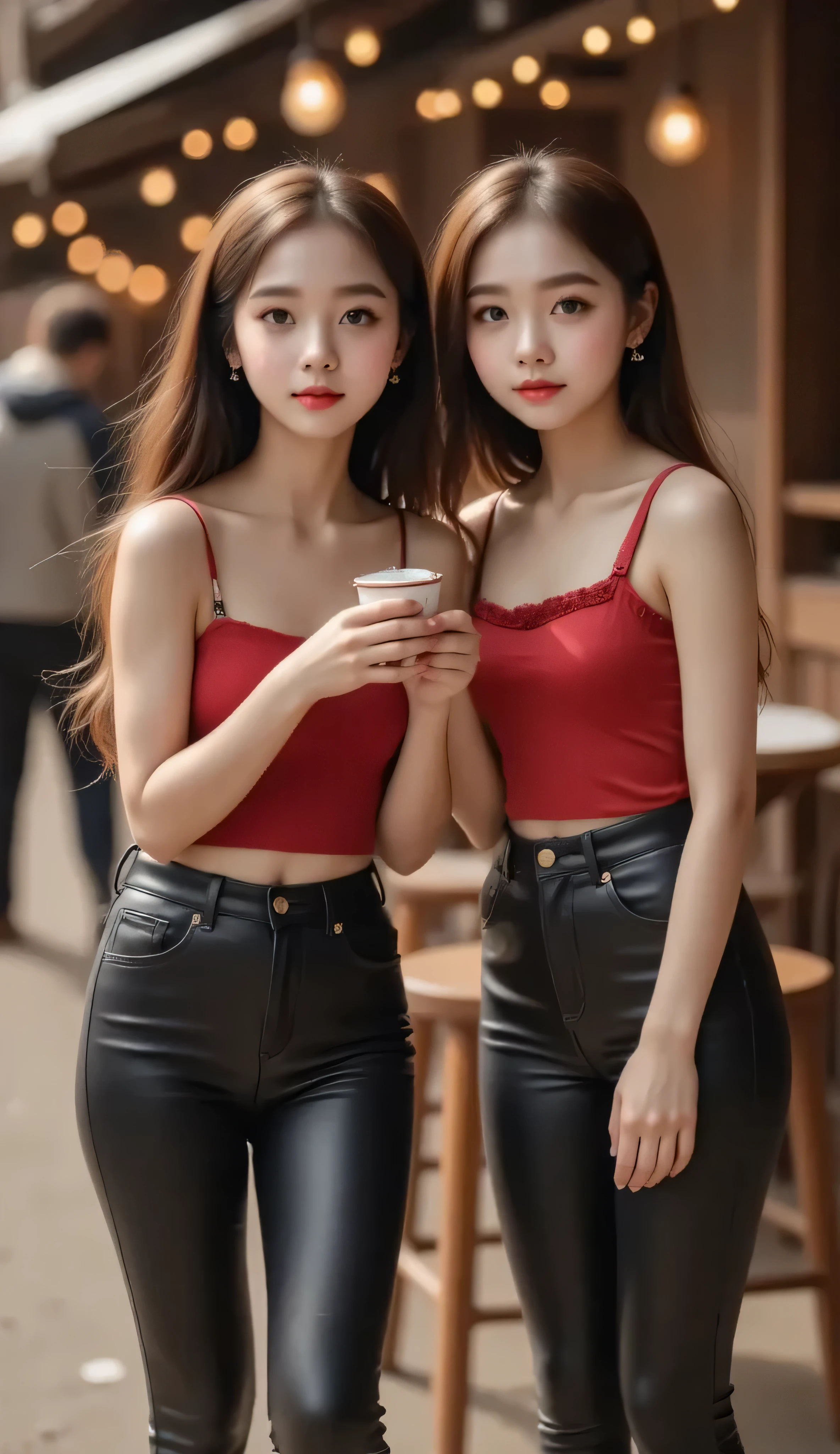 two pretty girls, Japanese, parecen tener 11 años, with beautiful princess faces , extremely thin and slender bodies, very long hair, wearing red tube top and black leather leggings, drinking hot chocolate at a snowy Christmas market, with Convers shoes, full body view, real photo, playful atmosphere , extremely well defined figures, INTRIGUING DETAILS, extravagant poses and festive atmosphere, calidad de imagen sin pérdida de detalles de nivel de masterpiece, attractively diverse group of beauties, intimate foreground, complex multilayer skin with small pores and imperfections, amazingly rough realism but also joyful atmosphere, diversos rostros y peinados beautifuls, versatile foreground, full body view, rostro detailed, happy, (Delgada), perfect body, (best image, better quality: 1.3), ultra high quality, ultra high resolution, masterpiece, realista, photorealistic, detailed, hiperdetailed, beautiful, natural light, fondo detailed