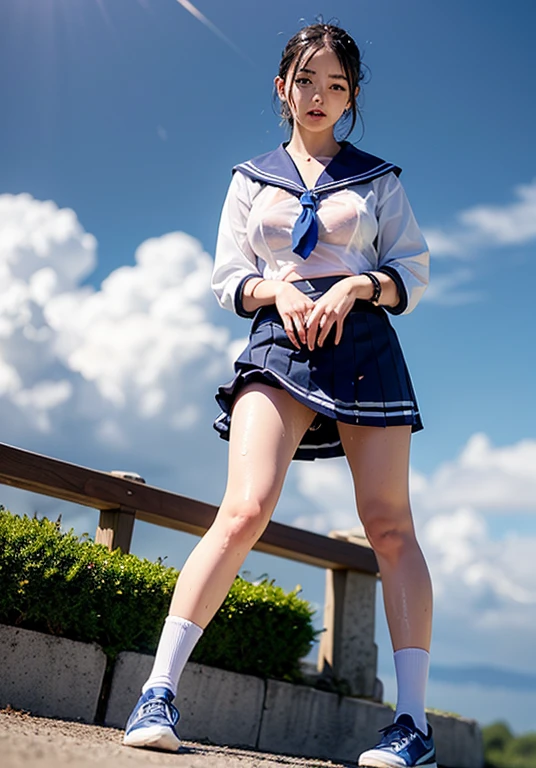 (in 8K、超A high resolution、Best Quality、Photorealsitic、masuter piece、The ultra -The high-definition、top-quality:1.1),(18year old:1.1)(hi-school girl、a sailor suit、Navy Pleated Mini Skirt、High-leg T-back、Hide all breasts、quite massive chest、Pretty big breasts、toned body:1.3)(Short-haired black hair、Japan Cute Woman、Brown skin with a pretty tan、appearance々Pose:1.23)、Cute smile(windy up skirt、up skirt panties、Miniskirt fluttering in the wind:1.5)