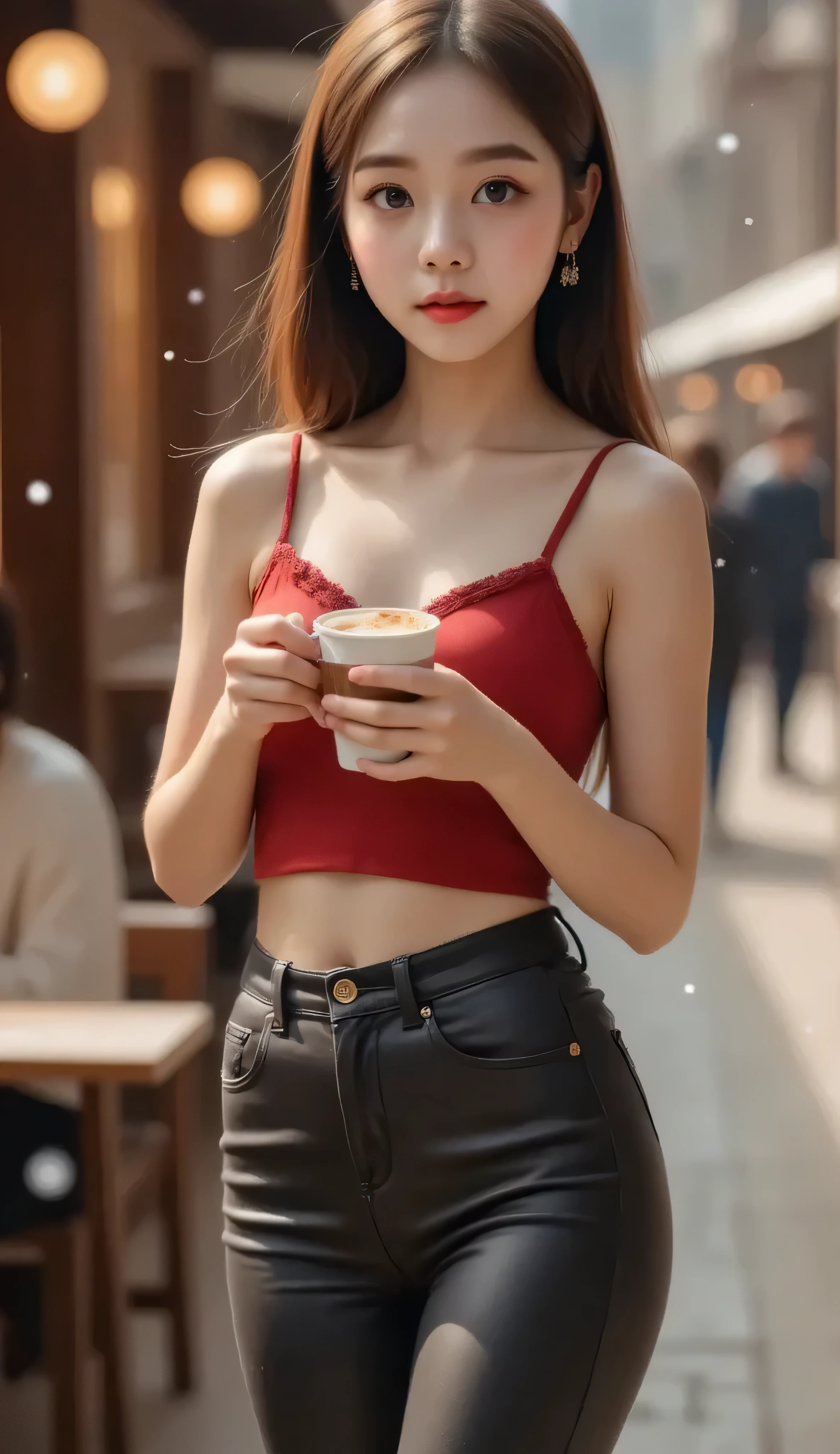 two pretty girls, Japanese, parecen tener 11 años, with beautiful princess faces , extremely thin and slender bodies, very long hair, wearing red tube top and black leather leggings, drinking hot chocolate at a snowy Christmas market, with Convers shoes, full body view, real photo, playful atmosphere , extremely well defined figures, INTRIGUING DETAILS, extravagant poses and festive atmosphere, calidad de imagen sin pérdida de detalles de nivel de masterpiece, attractively diverse group of beauties, intimate foreground, complex multilayer skin with small pores and imperfections, amazingly rough realism but also joyful atmosphere, diversos rostros y peinados beautifuls, versatile foreground, full body view, rostro detailed, happy, (Delgada), perfect body, (best image, better quality: 1.3), ultra high quality, ultra high resolution, masterpiece, realista, photorealistic, detailed, hiperdetailed, beautiful, natural light, fondo detailed