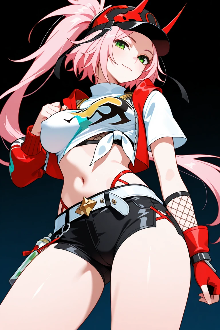 1girl, solo, (masterpiece, greatest artwork of all time, best 4k konachan wallpaper) (kokonoems, kokonoe mercury, kokonoe (blazblue)), (animal ears, cat ears, tail, tails, cat tail, multiple tails, multiple cat tails), pince-nez, navel, (belt, black belt, black belt with a cat bell in the middle), (shorts, capri shorts, low rise shorts, low rise capri shorts, red shorts, red capri shorts, red low rise shorts, red low rise capri shorts), thong, black thong ((petite, small breasts, small boobs, loli), (child rearing hips, child-rearing hips, big hips, wide hips, wide-hipped, thicc thighs, thick thighs), small breasts with big hips, small breasts with thicc thighs, thicc thighs with wide hips), (glasses, half round glasses) (hair, pink hair, long hair, long pink hair), knees together feet apart, looking at viewer