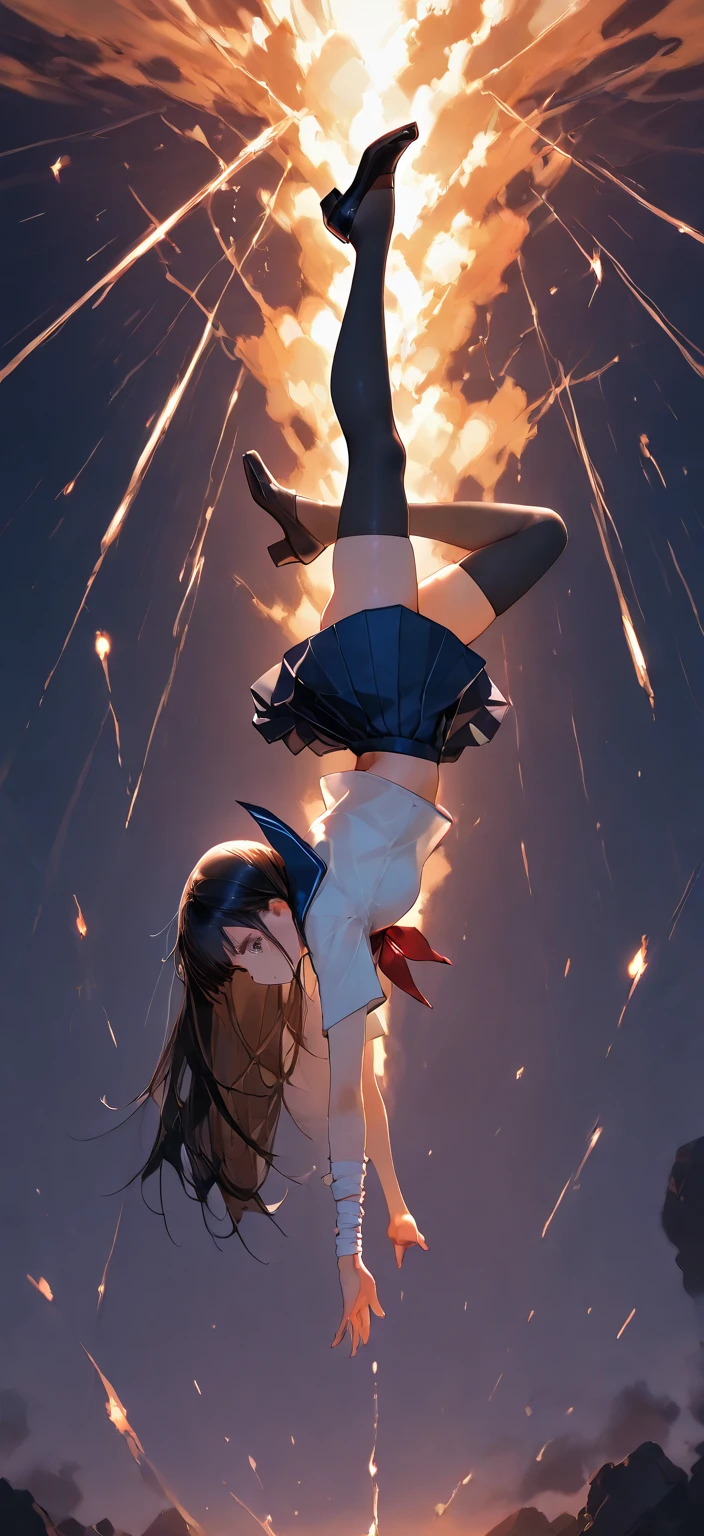 Female Talon executing a perfect backflip, her attire glowing with vibrant red and gold, in the new Ember Blade skin with burning buildings and embers swirling in the air (having beautiful breasts: 1.33), (no having clothes: 1.77).

