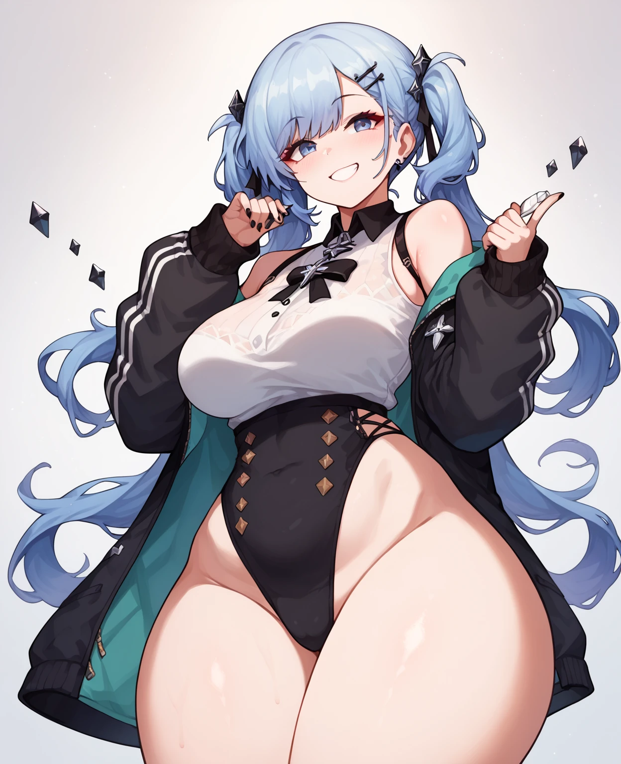 ((((Full body pose,Look this way,high quality,One young girl)))),
(((Flexible body,Huge breasts,Big thighs,Ecstatic expression))),
((White and purple shaggy hair,Tie your hair at the nape,Giant fox ears,Wolf's Tail)),
(See through,Open jacket,Sweating profusely,Large amount of steam),
Wet and risqué black bikini,Big sleeves,first round,Thigh-high boots,
Background々A circle,Wet crotch,