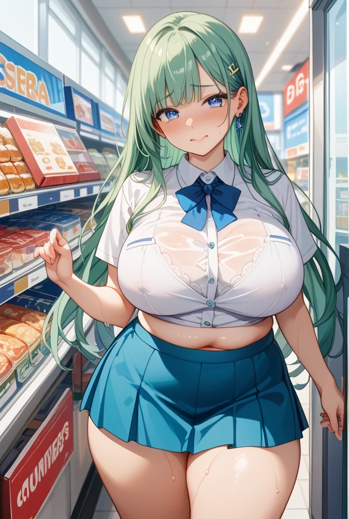 TOUYAMAMISUZU, GREEN HAIR SHORT HAIR, , GREEN EYES,, empty eyes Running, wearing nothing, bare-skin, navel, the groin, BREAK in front of convenience store, large breasts、 Nipples, nsfw, nipple , , Sweating profusely, Love juice, Wet Woman, female ,, solo, Peeing, lactation, projectile lactation